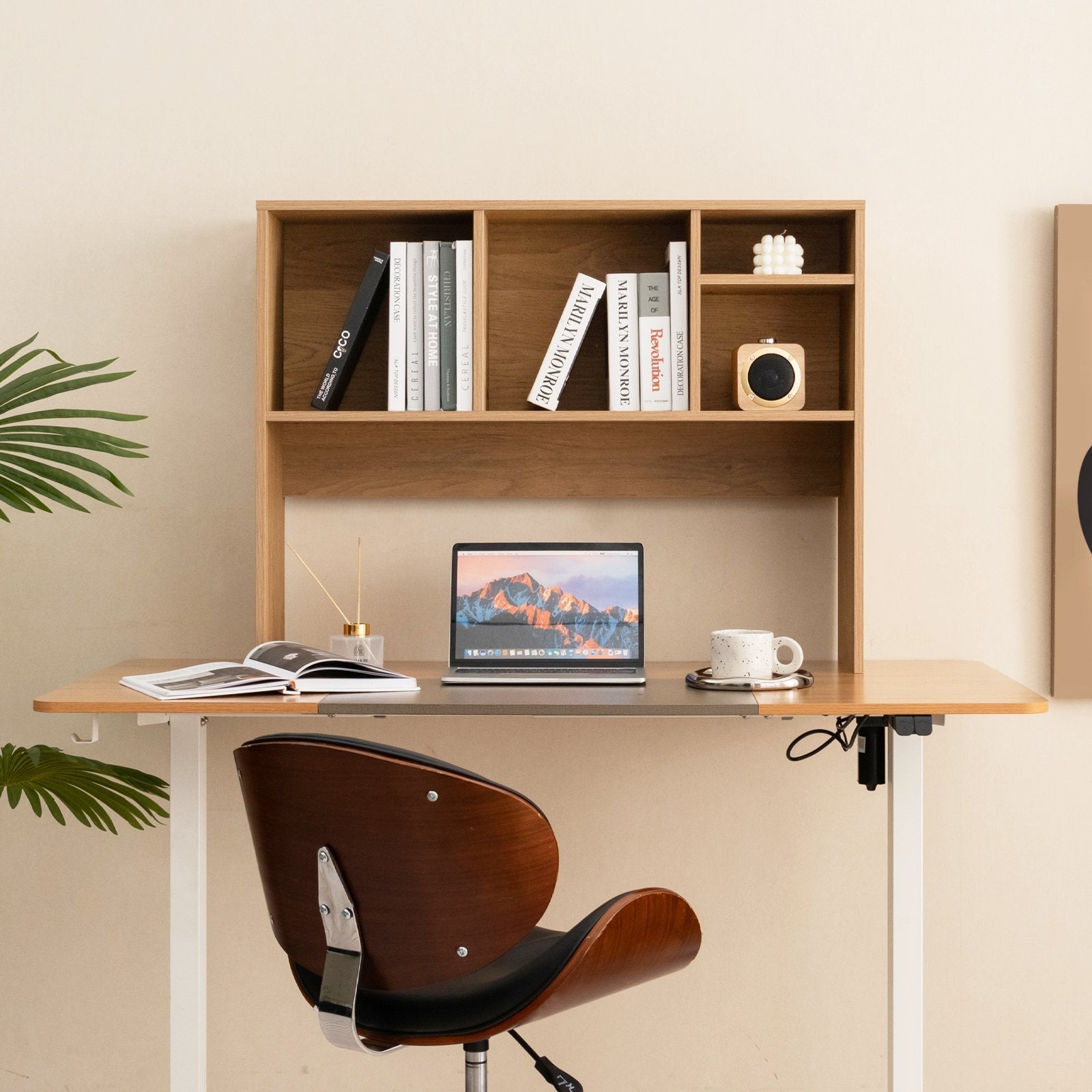 Computer Desktop Bookcase with 4 Cubbies and Open Back Compartment-Beige