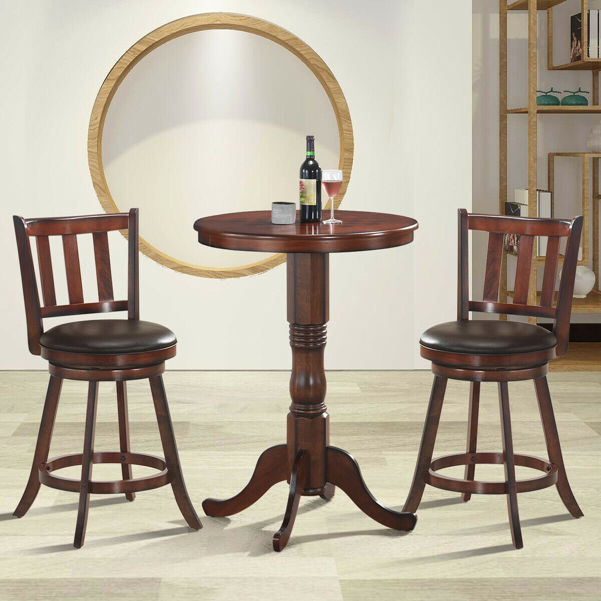 Set of 2 Wood Swivel Counter Height Dining Pub Bar Stools with PVC Cushioned Seat-29 Inch