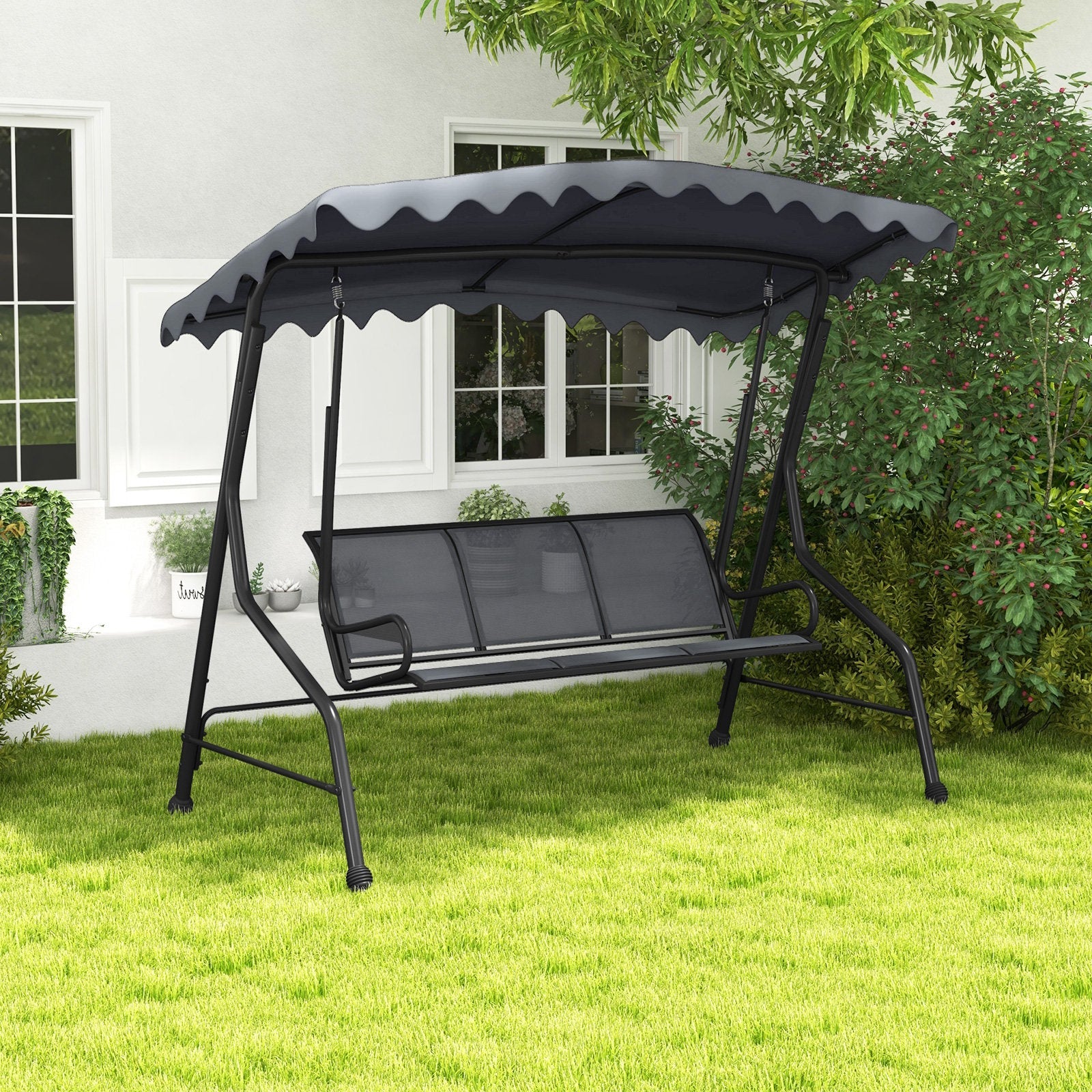 3-Seat Outdoor Porch Canopy Swing with Adjustable Shading-Brown