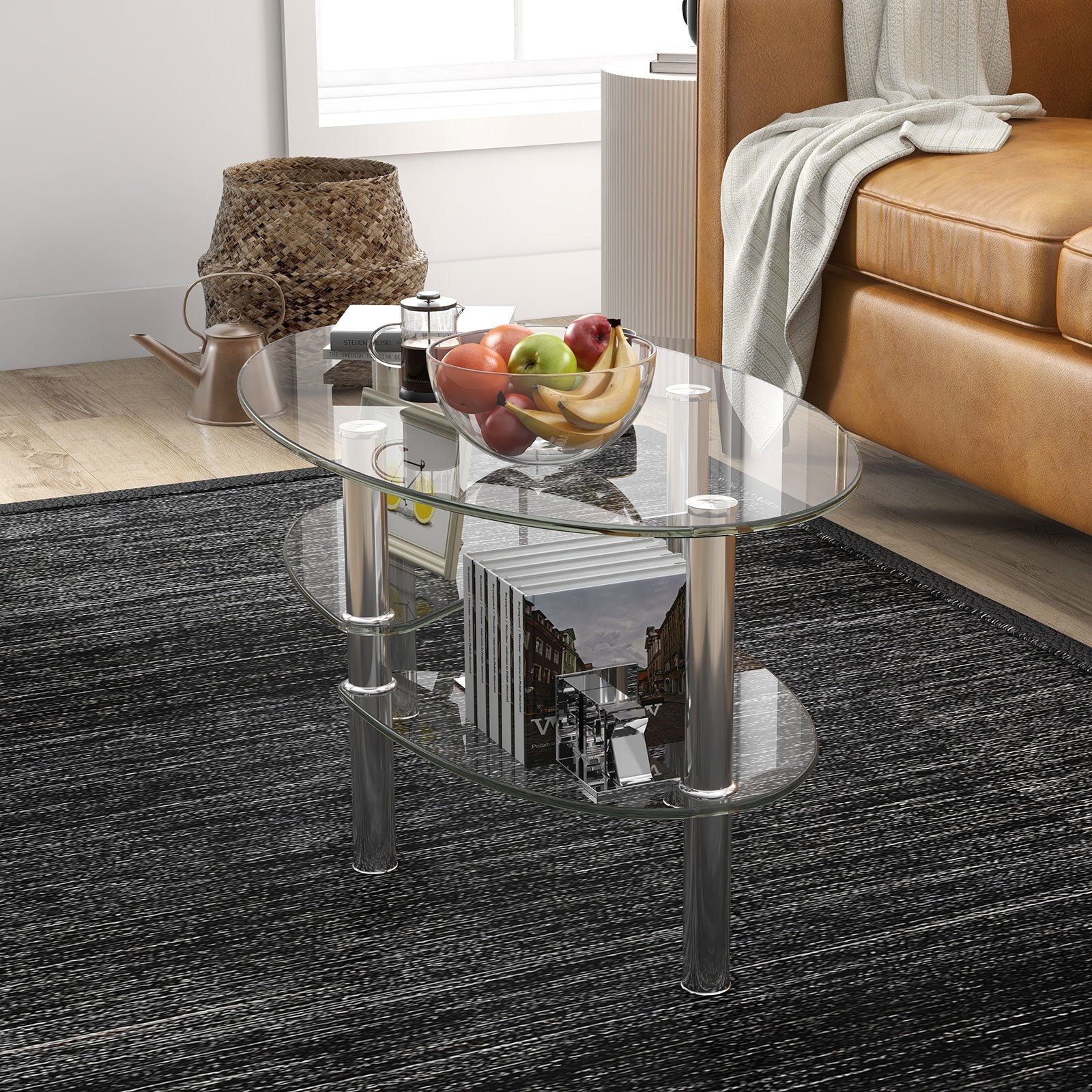Tempered Glass Oval Side Coffee Table-Black