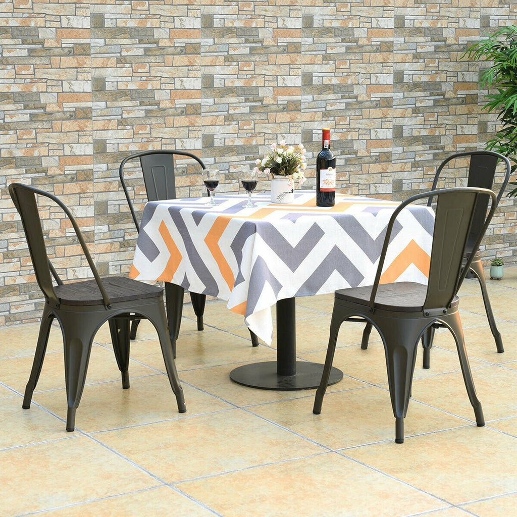 4 Pieces Tolix Style Metal Dining Side Chair Stackable Wood Seat-Dark Brown