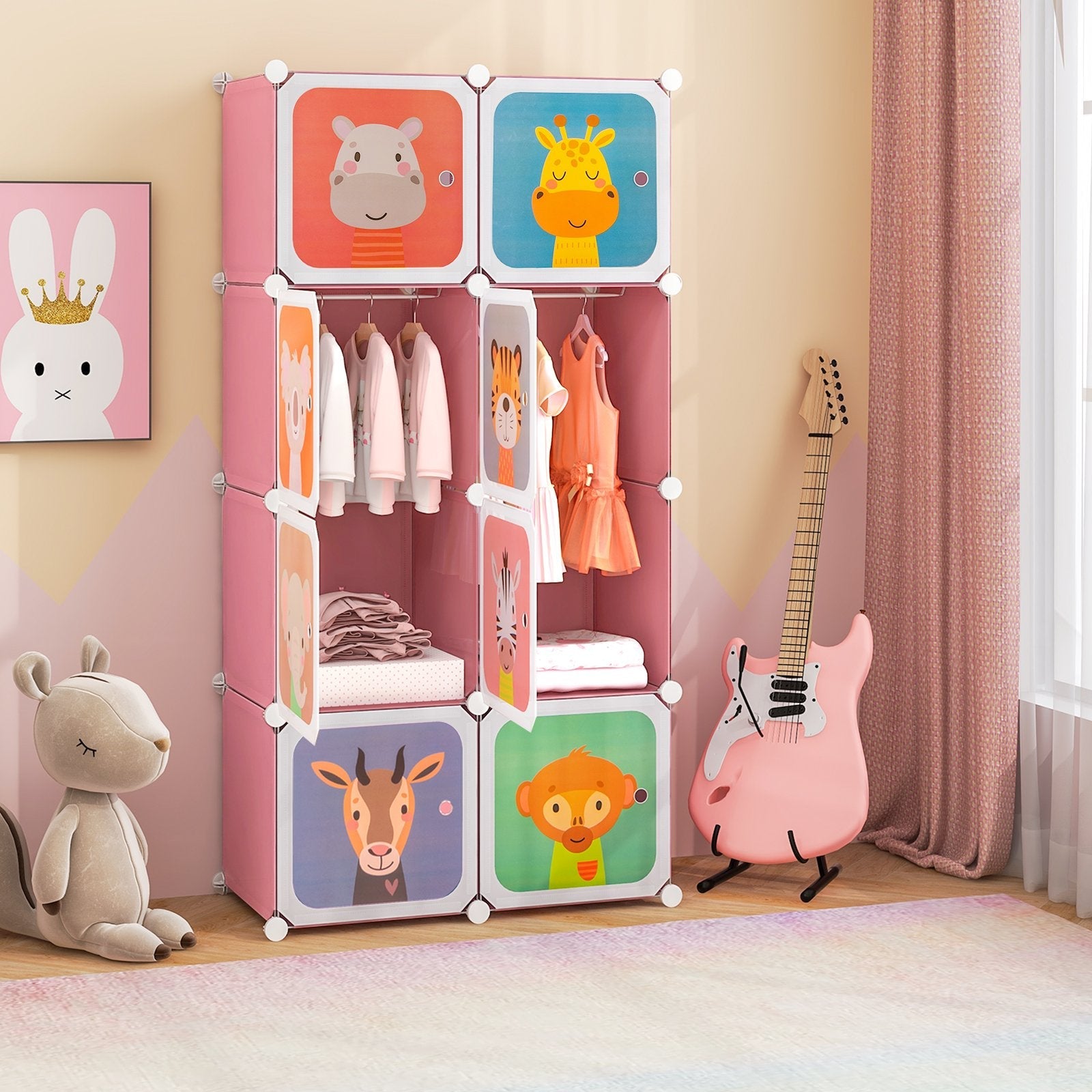8-Cube Kids Wardrobe Closet with Clothes Hanging Section and Doors-Blue