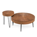 Set of 2 Boho Round Coffee Table with Solid Pine Wood Top and Metal Legs-Brown