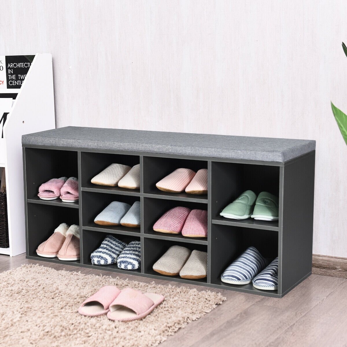 10-Cube Organizer  Entryway Padded Shoe Storage Bench-Beige