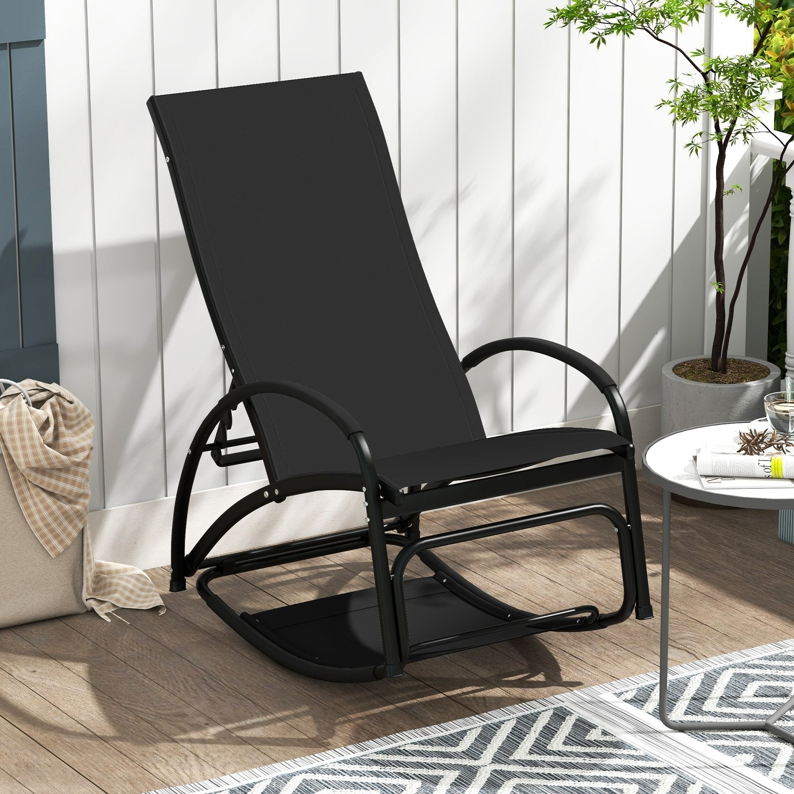 2-in-1 Outdoor Rocking Chair with 4-Position Adjustable Backrest for Patio Porch Poolside-Beige