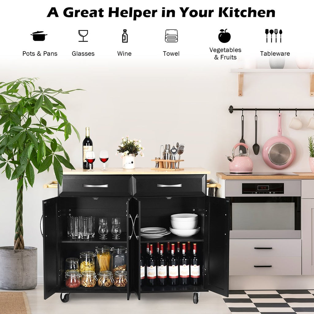 Wood Top Rolling Kitchen Trolley Island Cart Storage Cabinet-Black