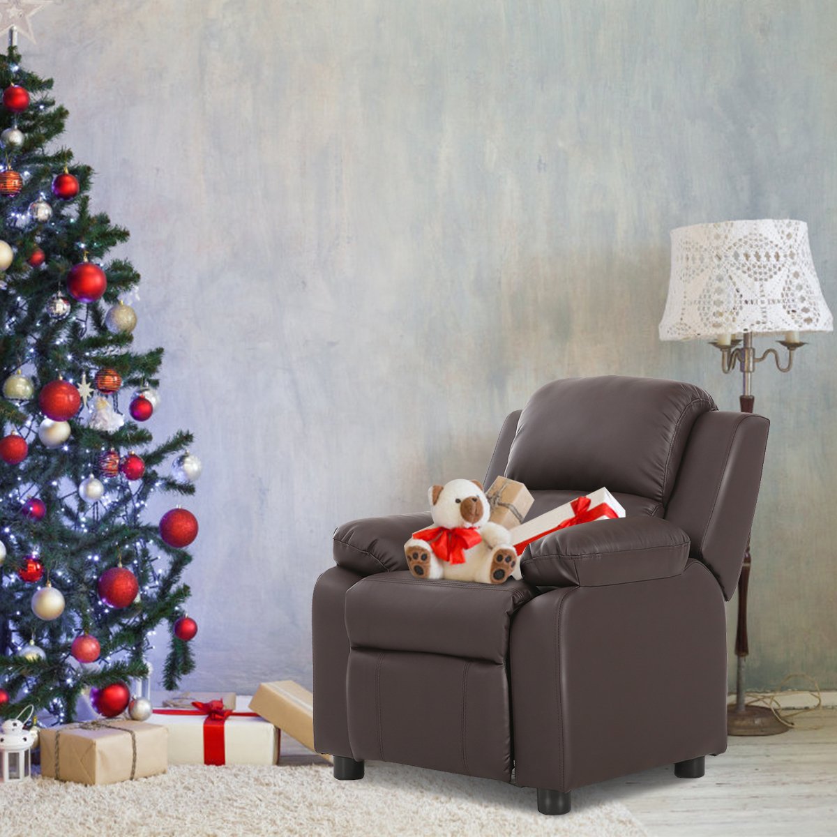 Kids Deluxe Headrest  Recliner Sofa Chair with Storage Arms-Black