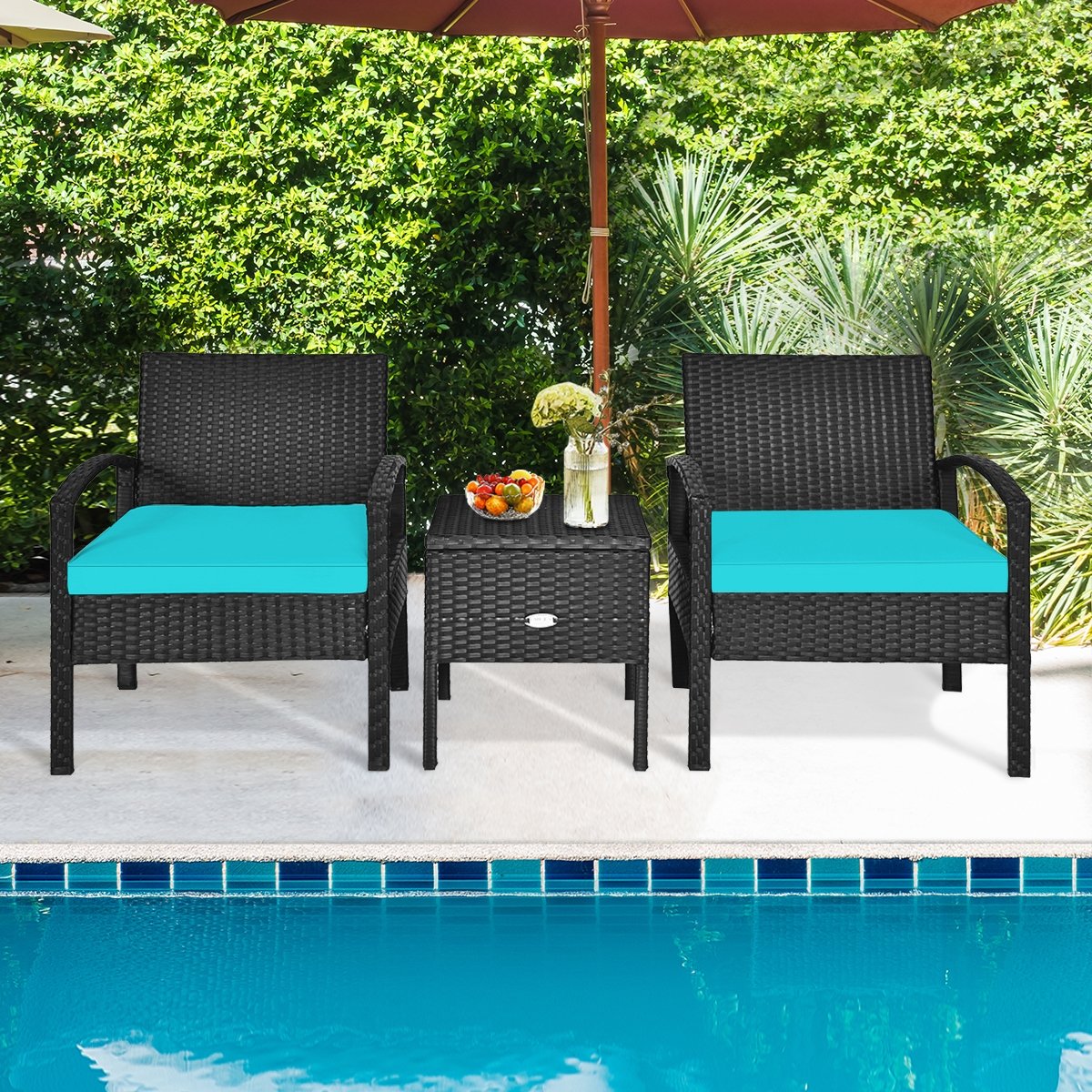 3 Piece PE Rattan Wicker Sofa Set with Washable and Removable Cushion for Patio-Red