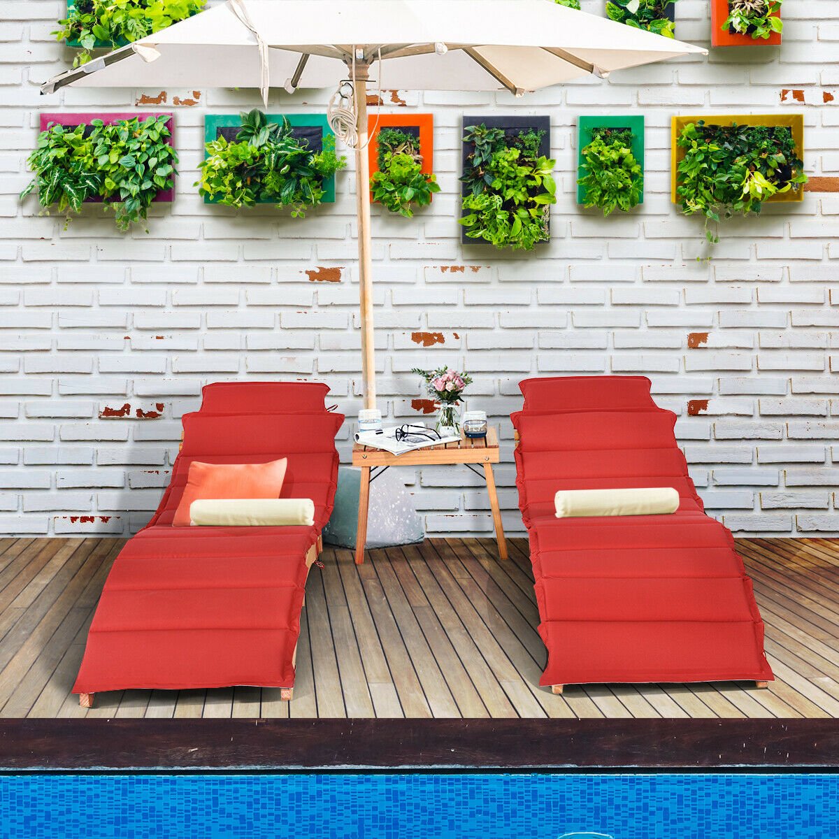 3 Pieces of Wooden Folding Patio Lounge Chair Table Set