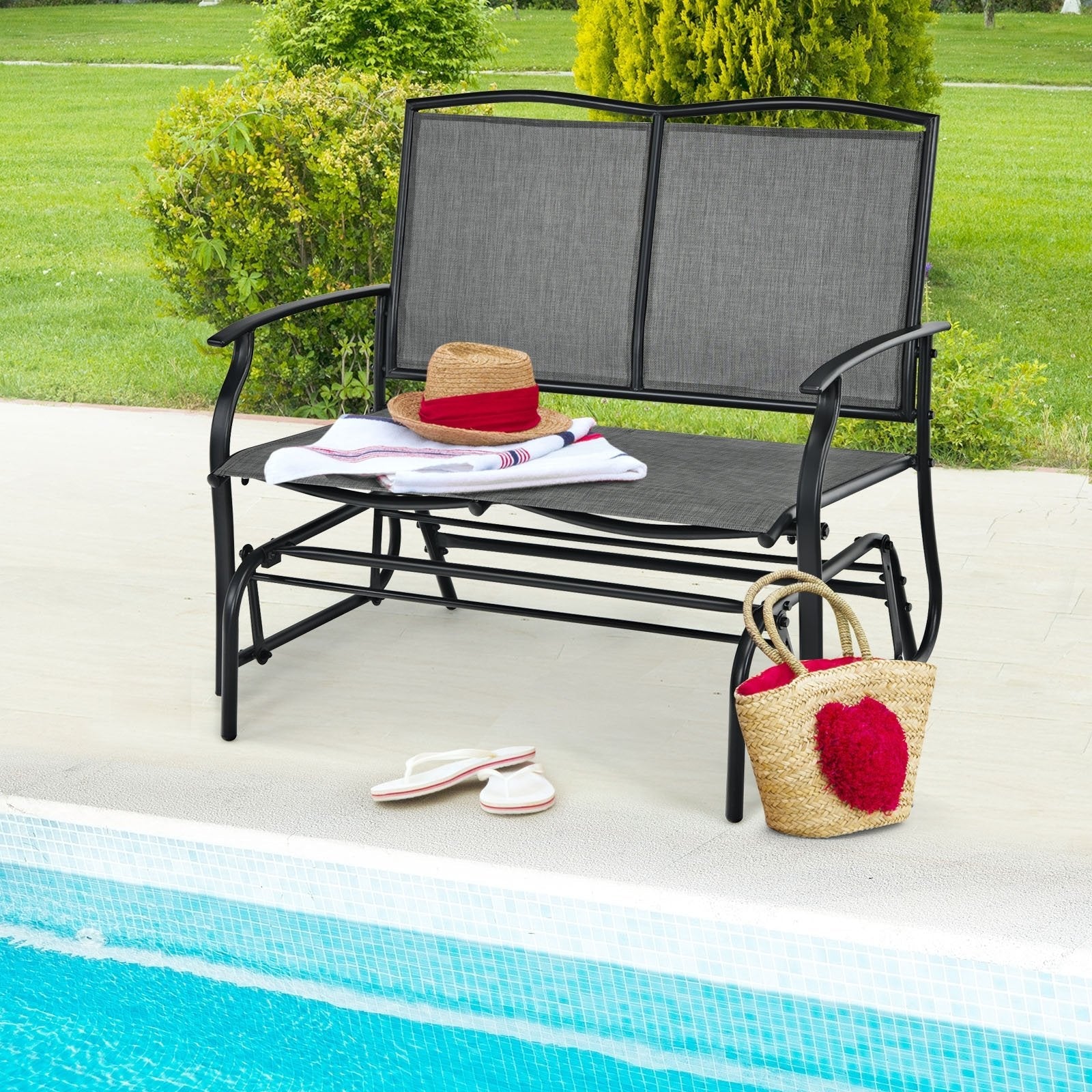 Iron Patio Rocking Chair for Outdoor Backyard and Lawn-Black