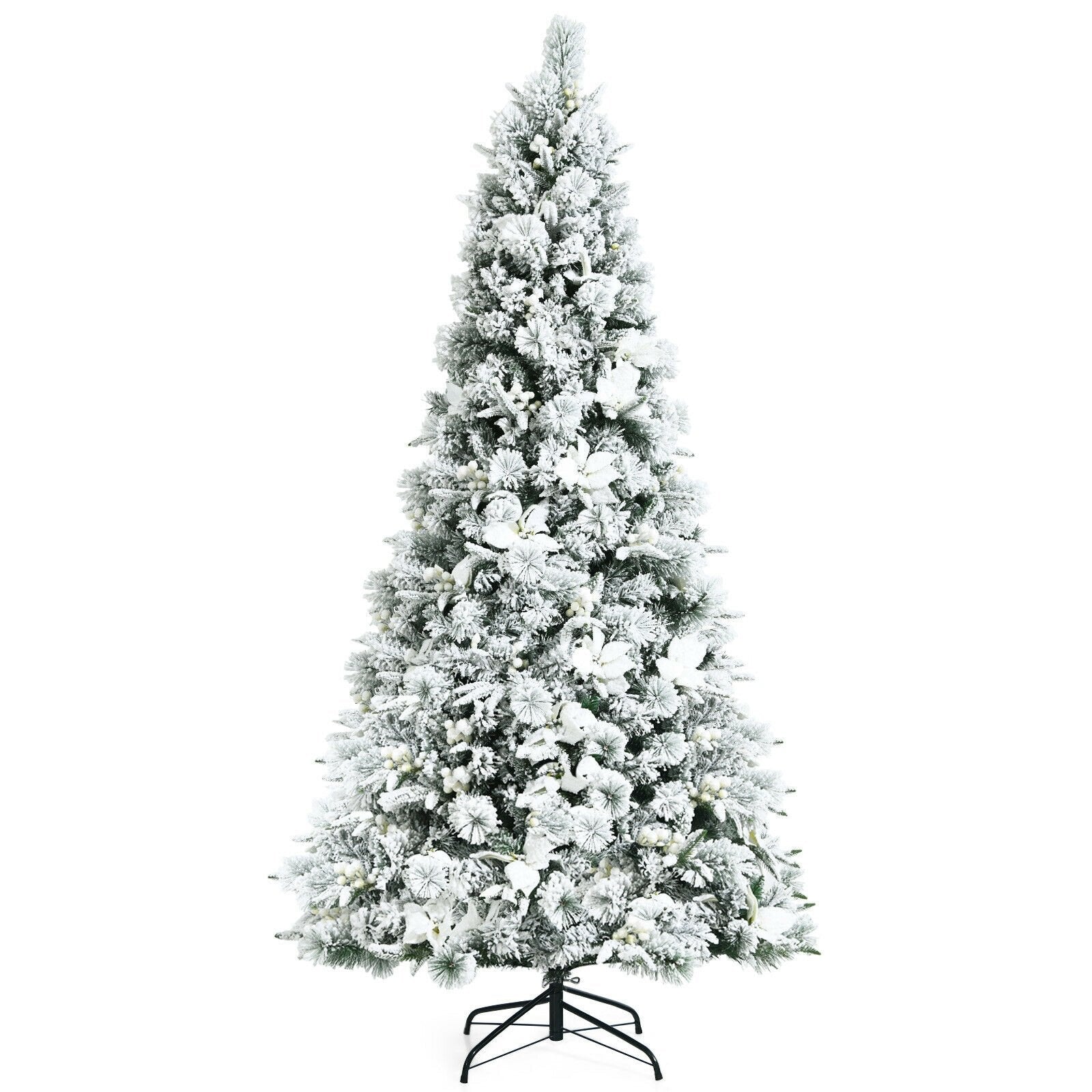 7 Feet Snow Flocked Christmas Tree with Poinsettia Flowers