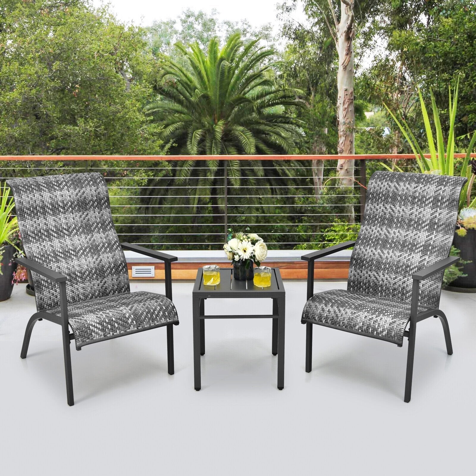 3 Pieces Patio Rattan Bistro Set with High Backrest and Armrest-Brown