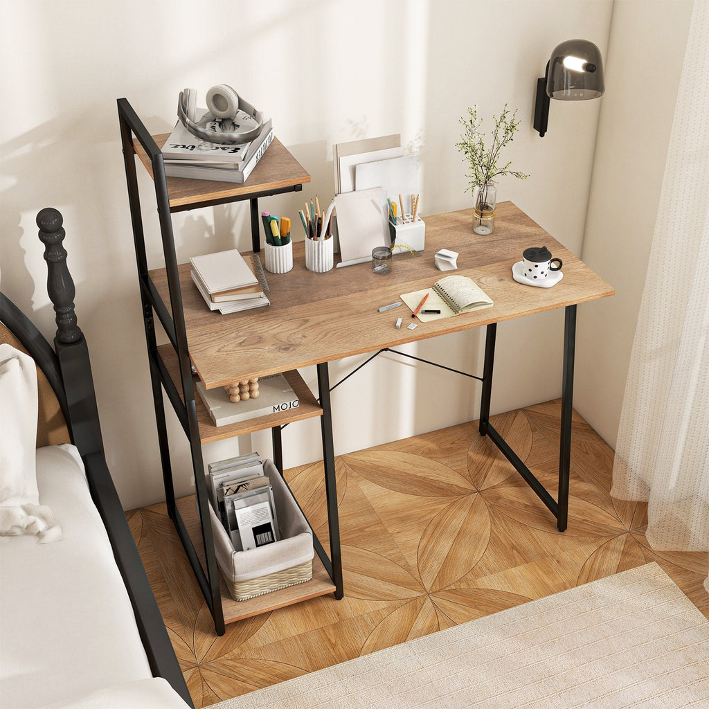 Computer Desk with Shelves and 3-Tier Storage Bookshelf-Brown