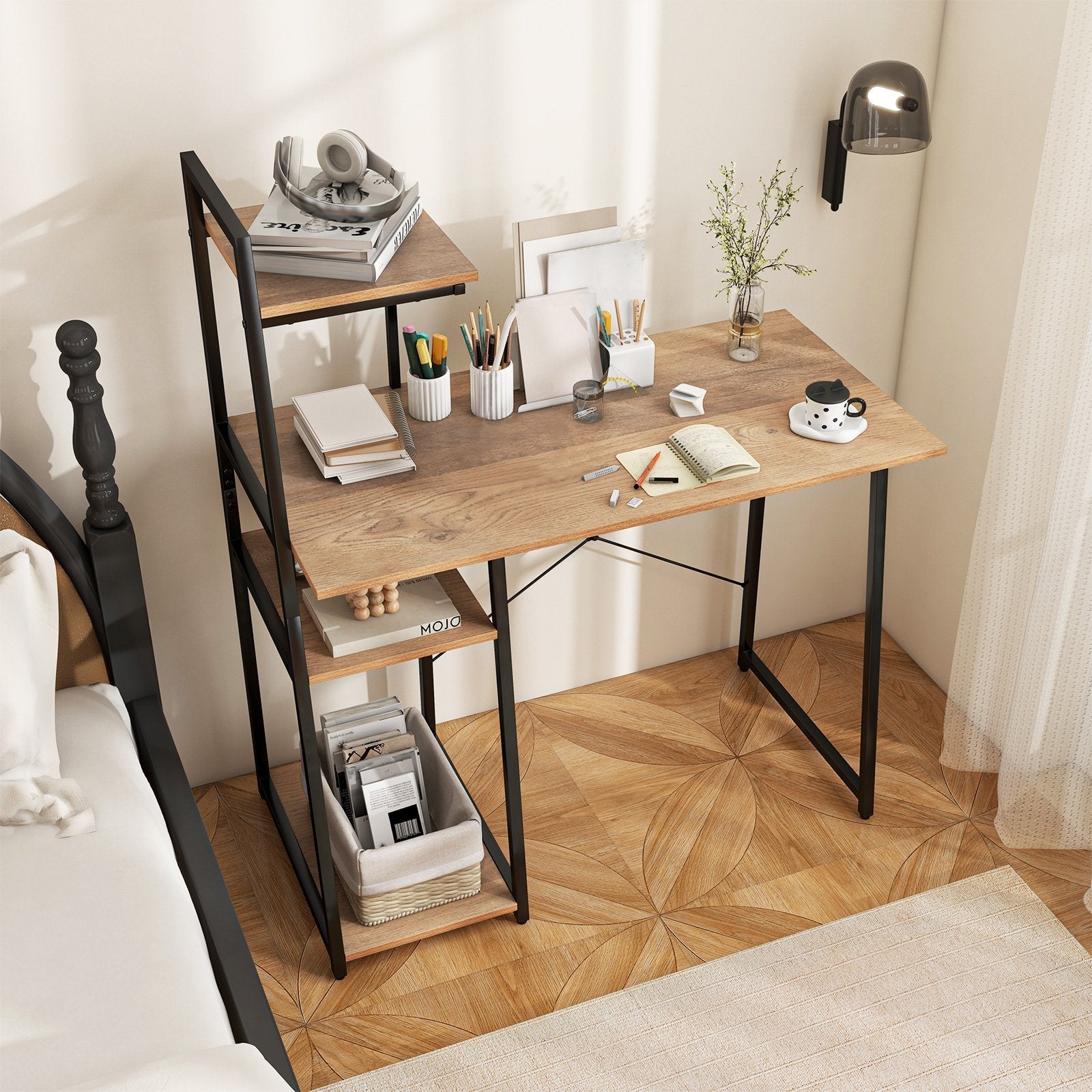 Computer Desk with Shelves and 3-Tier Storage Bookshelf-Brown