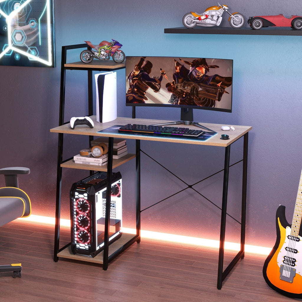 Computer Desk with Shelves and 3-Tier Storage Bookshelf-Brown