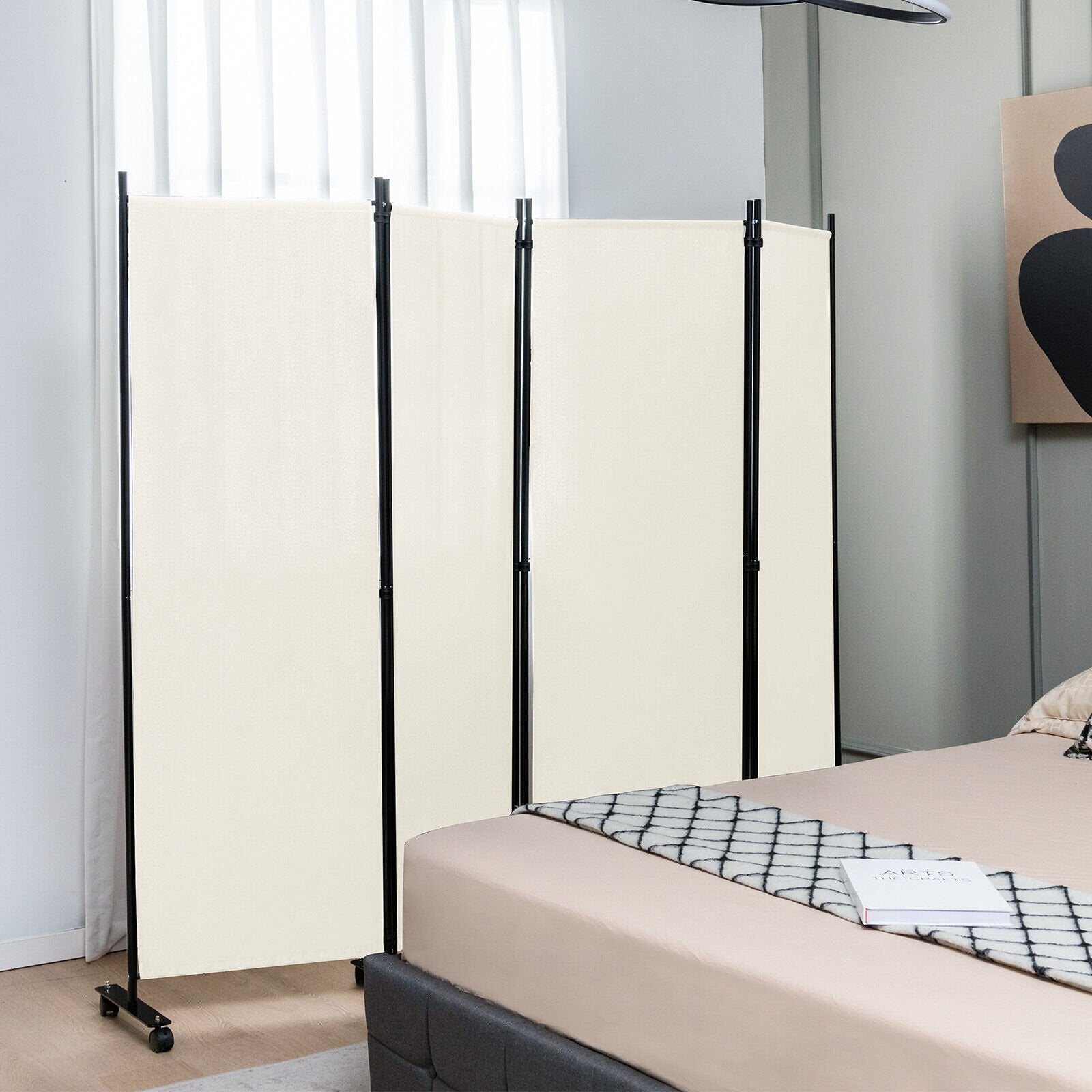 4-Panel Folding Room Divider 6 Feet Rolling Privacy Screen with Lockable Wheels-Black