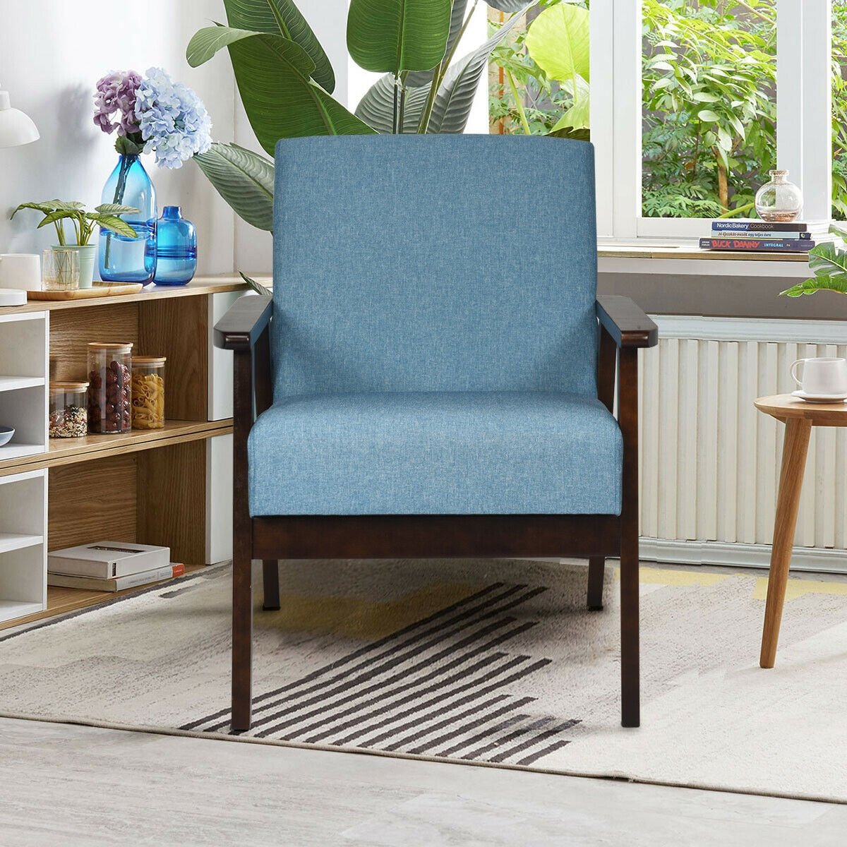 Solid Rubber Wood Fabric Accent Armchair-Beige