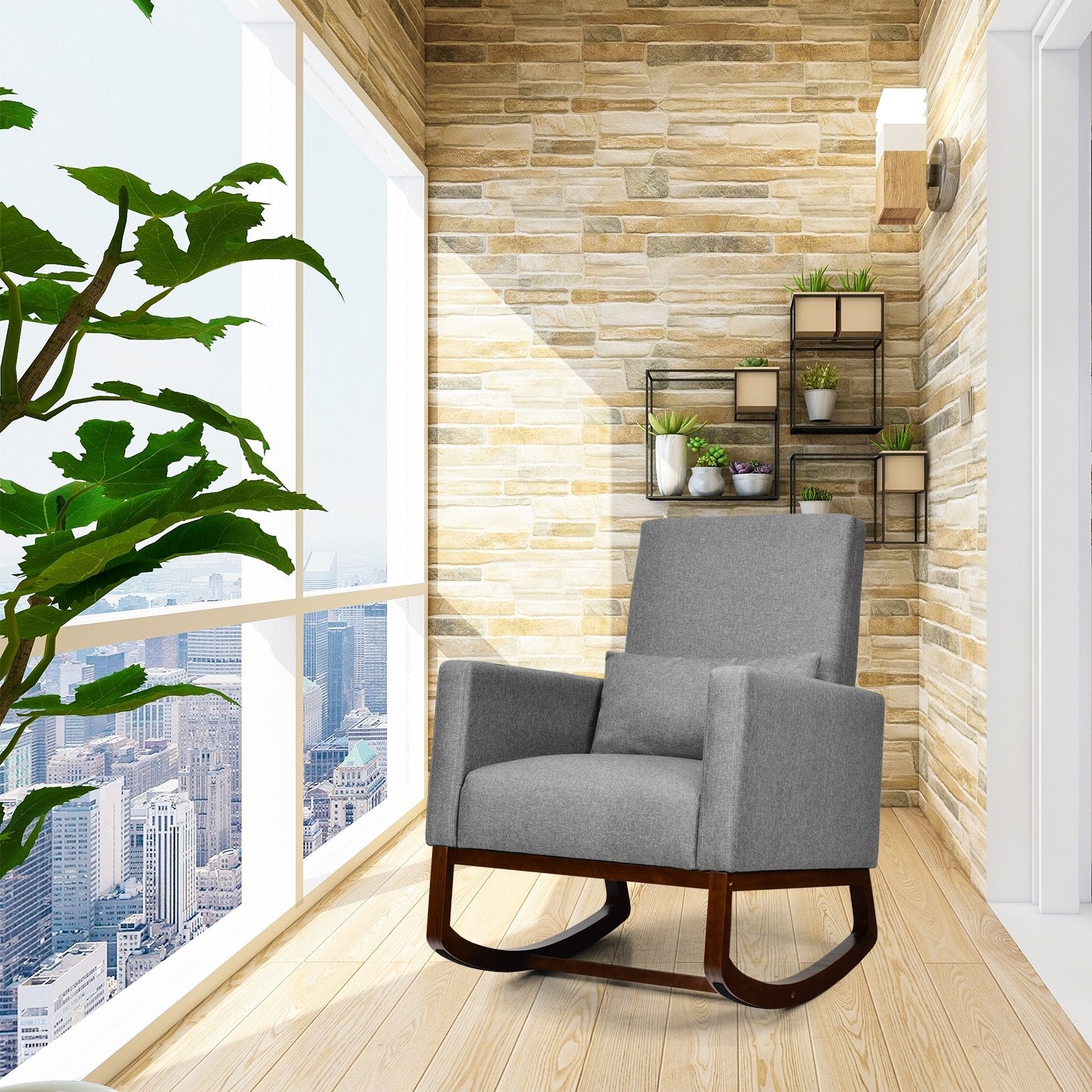 2-in-1 Fabric Upholstered Rocking Chair with Pillow-Beige