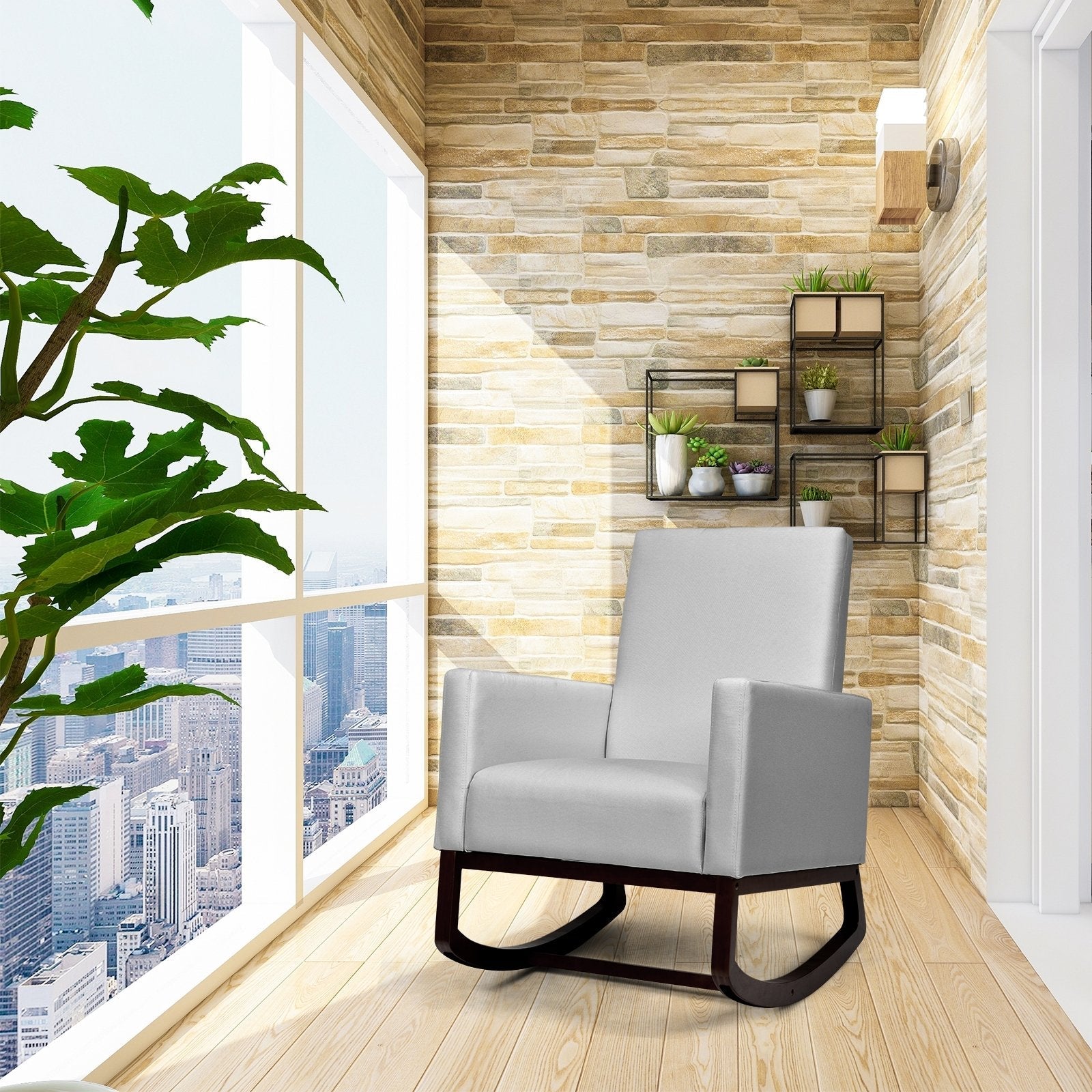 2-in-1 Fabric Upholstered Rocking Chair with Pillow-Beige