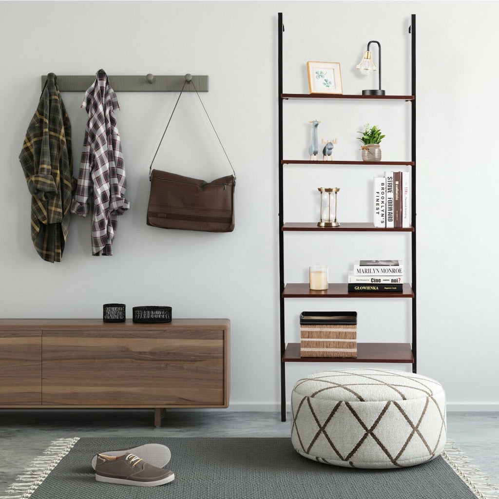 5-Tier Wood Look Ladder Shelf with Metal Frame for Home-Bronze