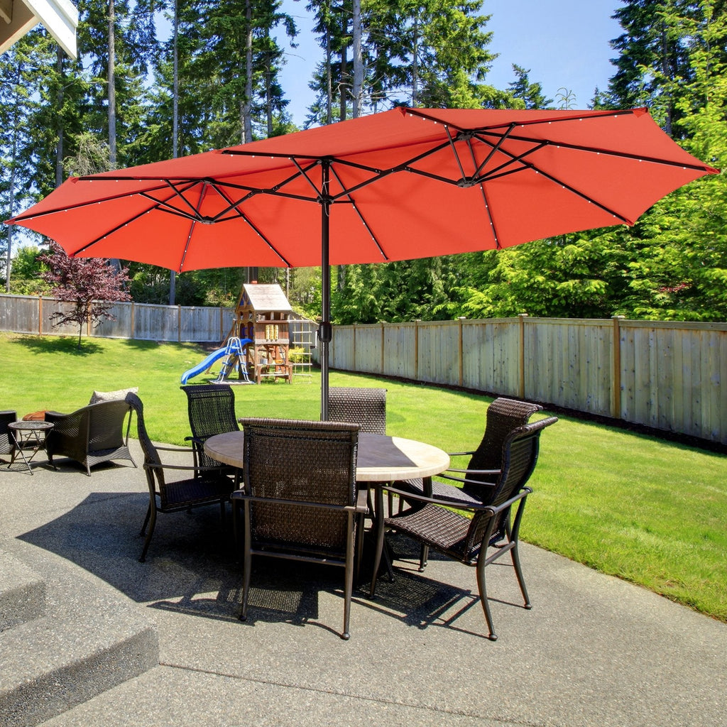 15 Feet Twin Patio Umbrella with 48 Solar LED Lights-Beige