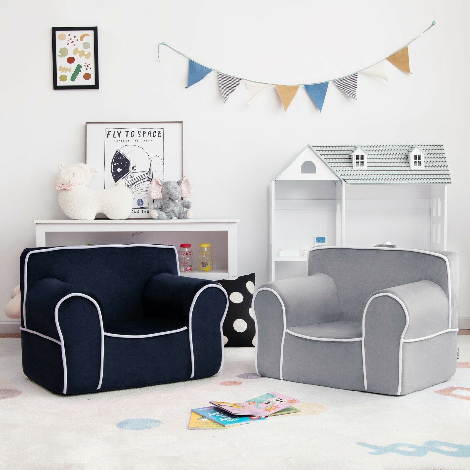 Upholstered Kids Sofa with Velvet Fabric and High-Quality Sponge-Blue