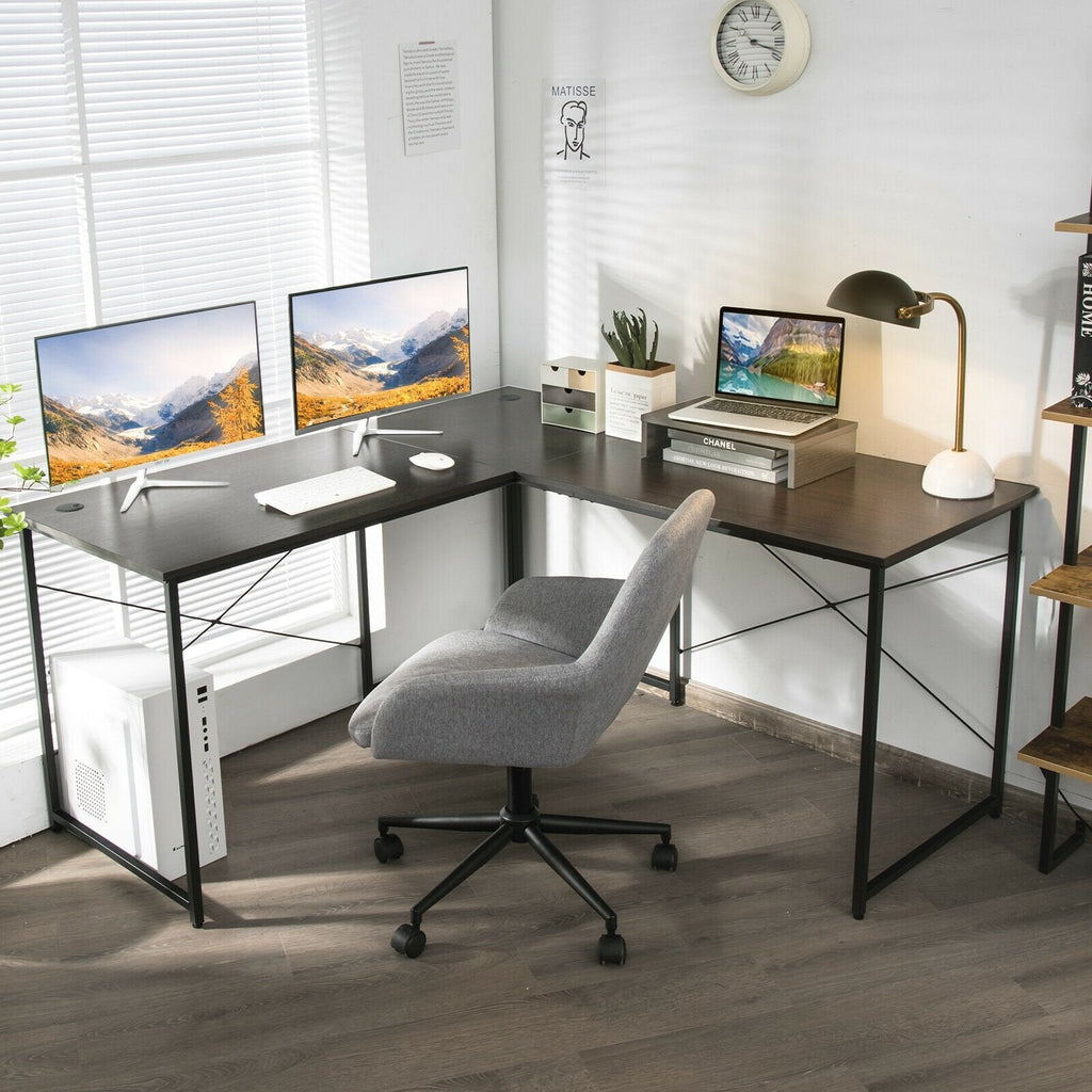 95 Inch 2-Person L-Shaped Long Reversible Computer Desk with Monitor Stand-Black