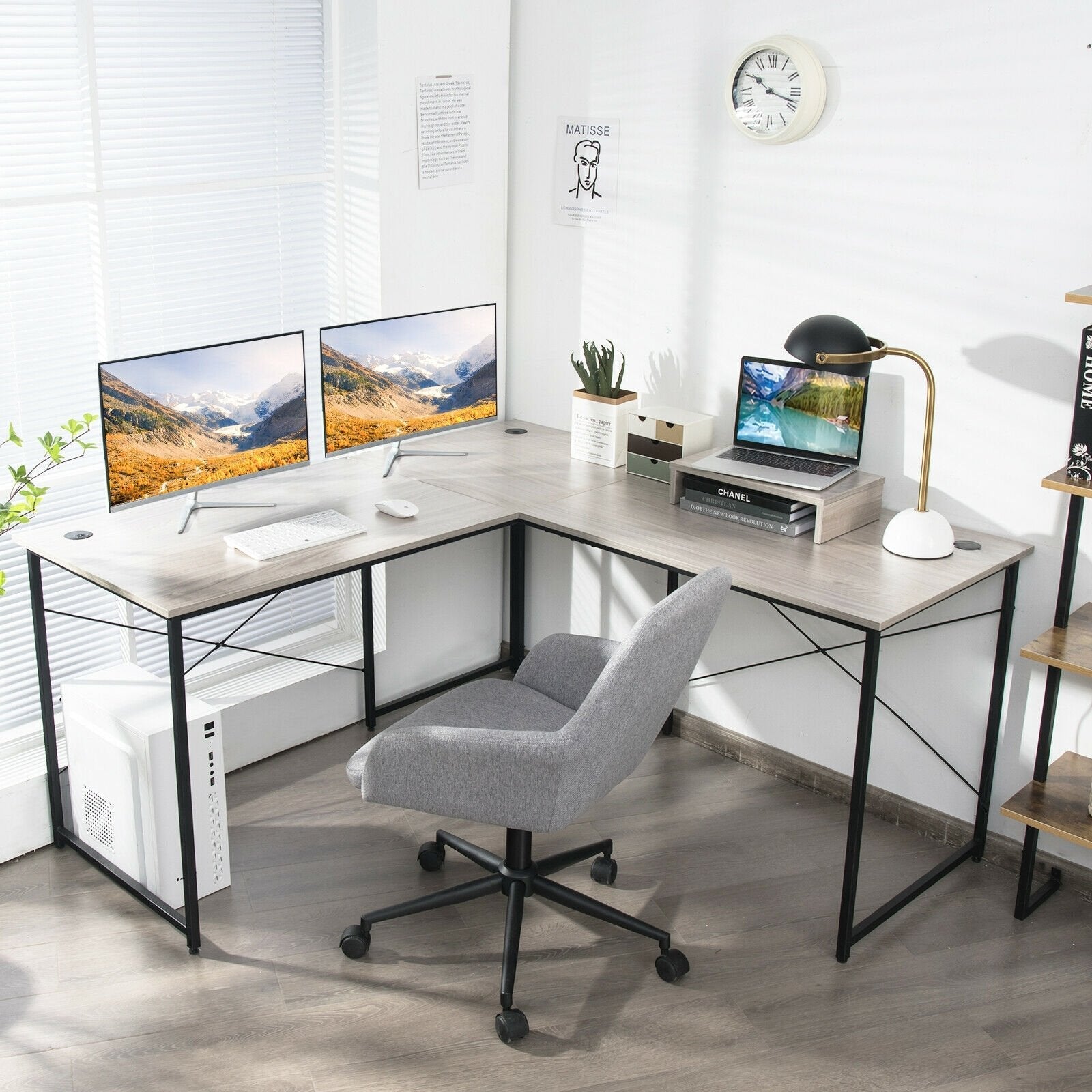 95 Inch 2-Person L-Shaped Long Reversible Computer Desk with Monitor Stand-Black