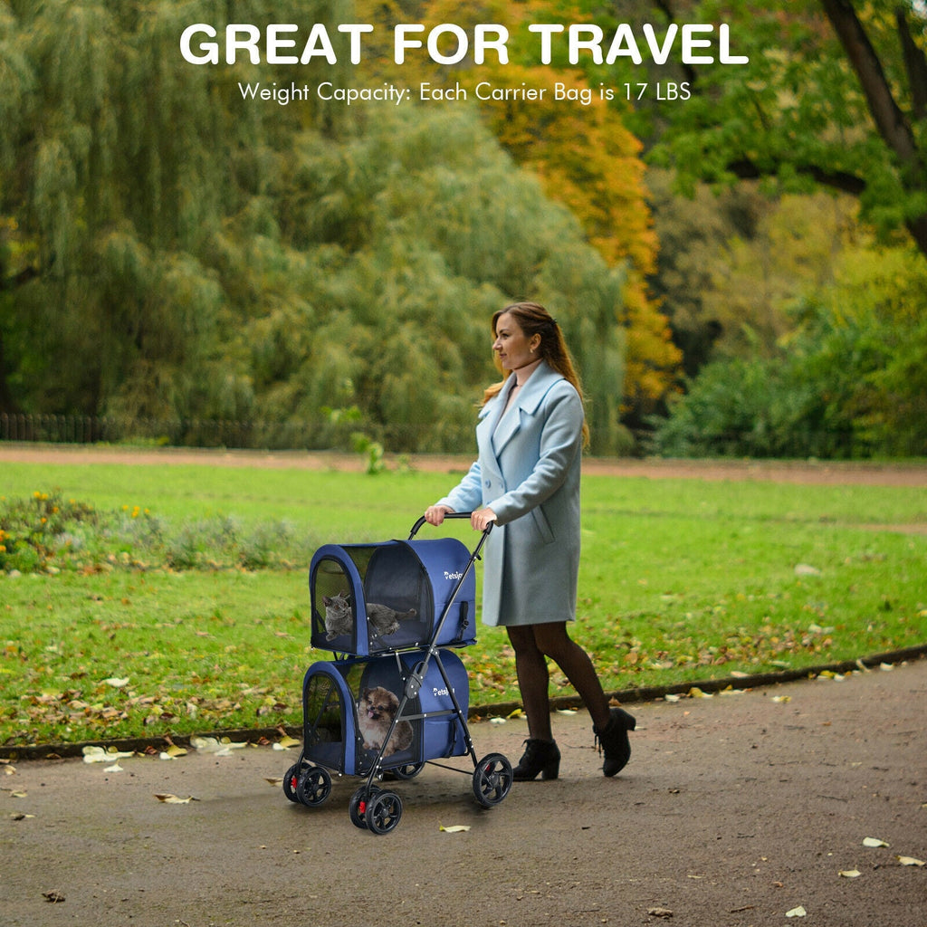 4-in-1 Double Pet Stroller with Detachable Carrier and Travel Carriage-Beige