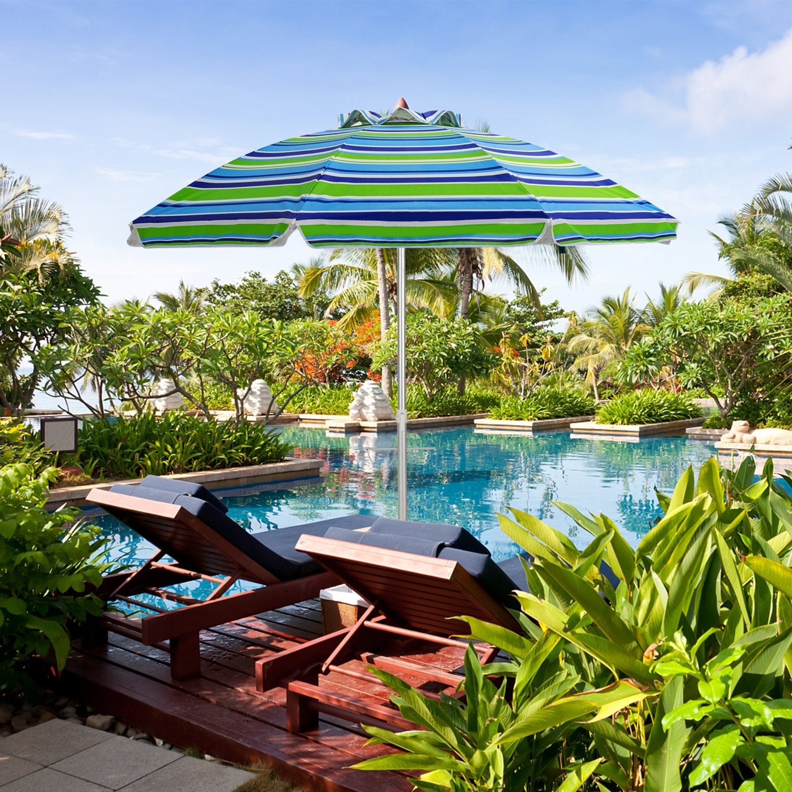 6.5 Feet Beach Umbrella with Sun Shade and Carry Bag without Weight Base-Blue