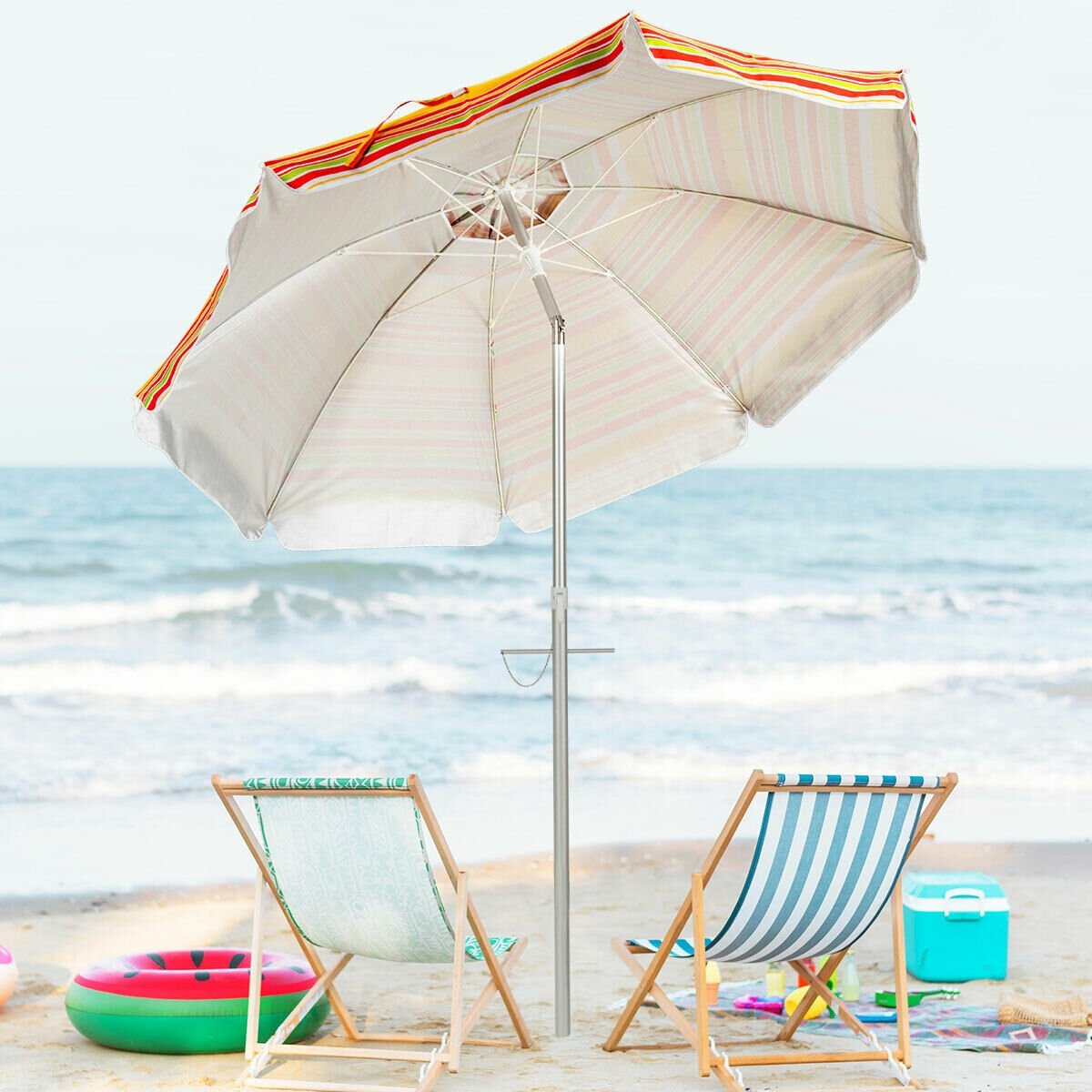 6.5 Feet Beach Umbrella with Sun Shade and Carry Bag without Weight Base-Blue