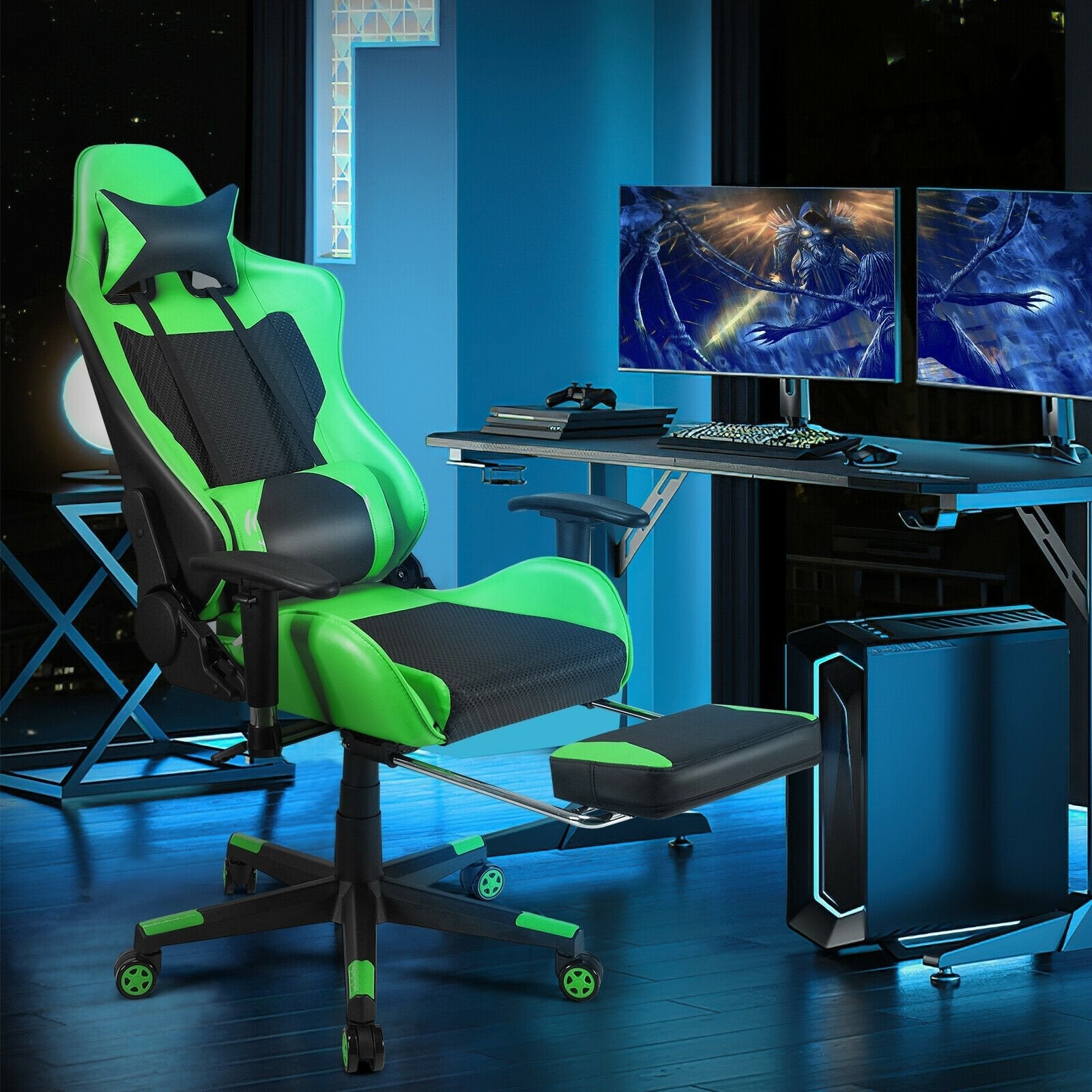 PU Leather Gaming Chair with USB Massage Lumbar Pillow and Footrest-Blue