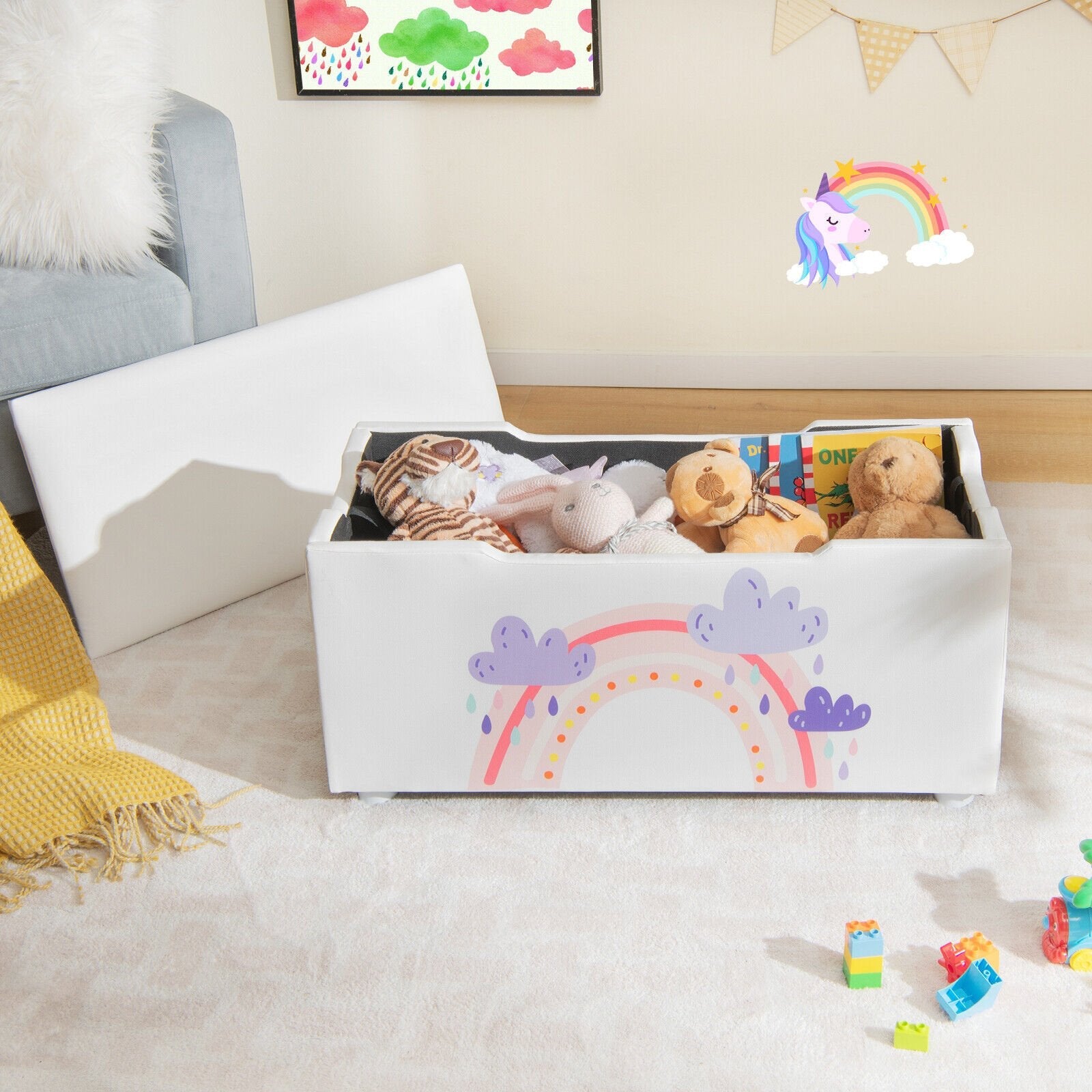 Kids Wooden Upholstered Toy Storage Box with Removable Lid-Blue