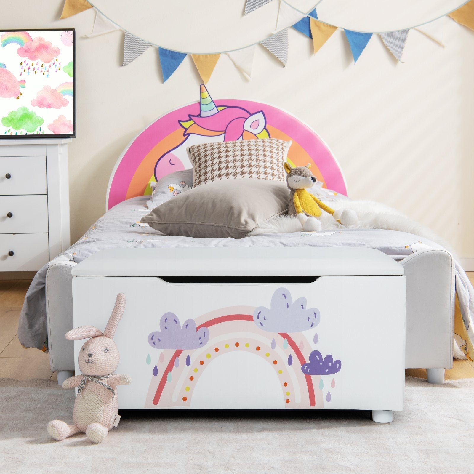 Kids Wooden Upholstered Toy Storage Box with Removable Lid-Blue