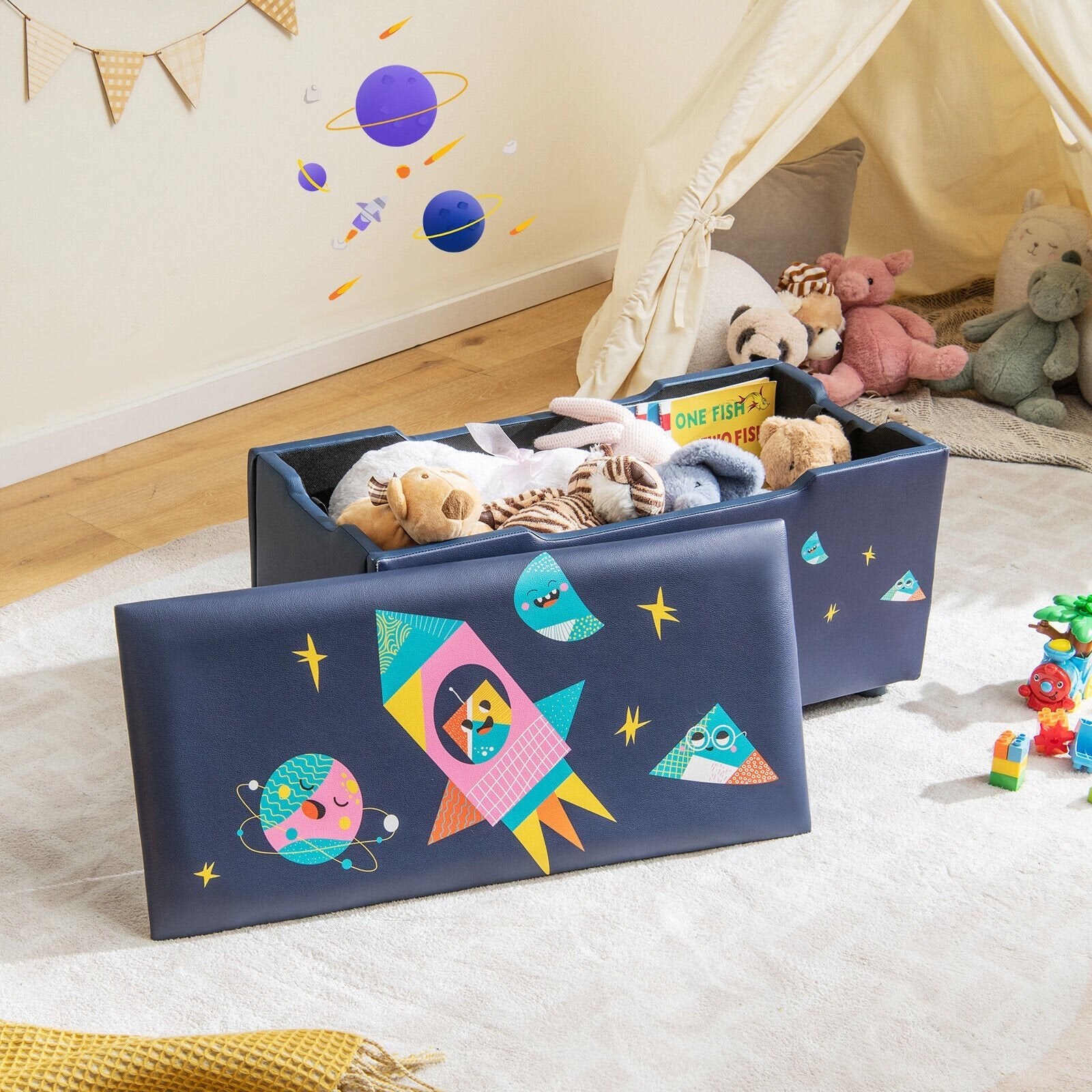 Kids Wooden Upholstered Toy Storage Box with Removable Lid-Blue