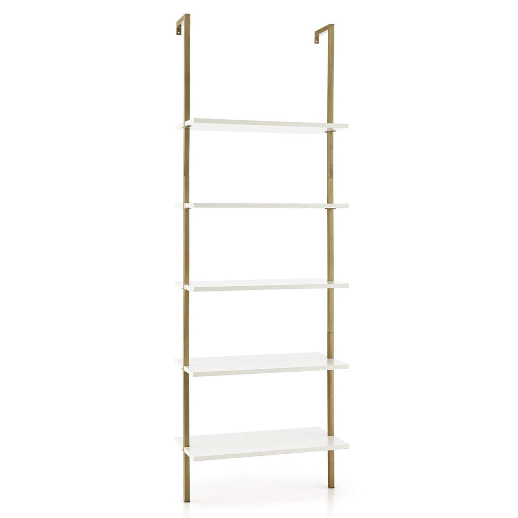 5 Tier Ladder Shelf Wall-Mounted Bookcase with Steel Frame-Brown