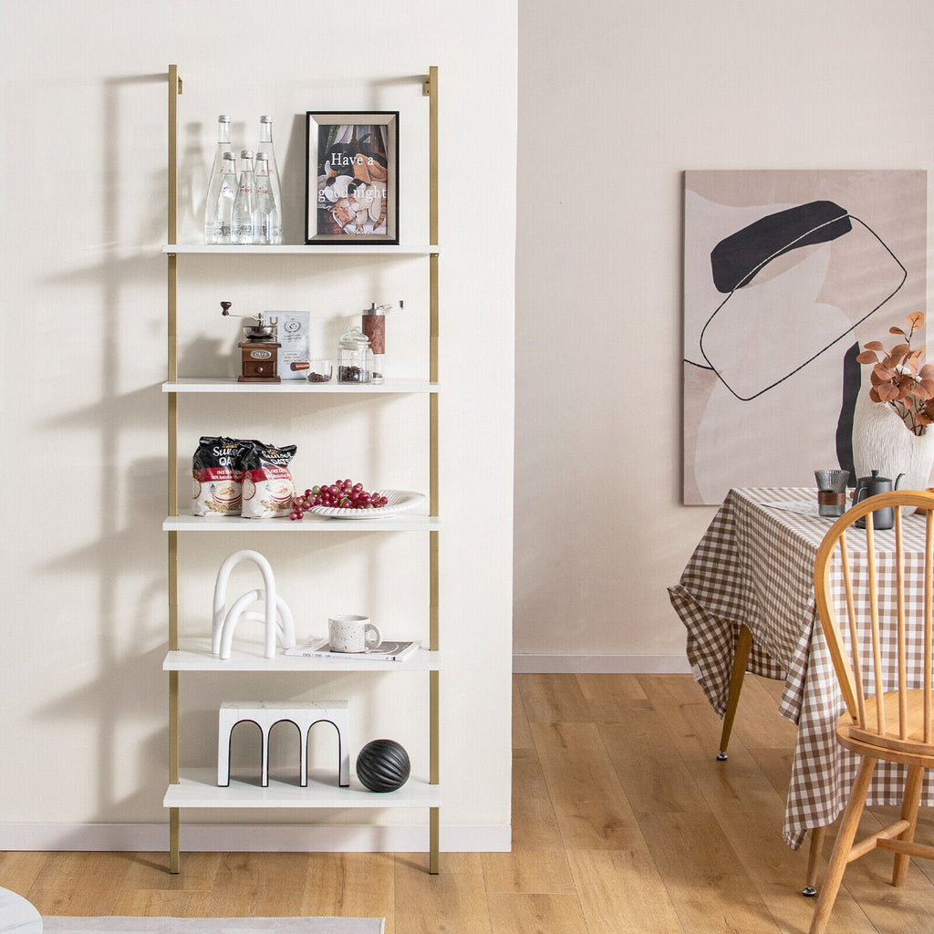 5 Tier Ladder Shelf Wall-Mounted Bookcase with Steel Frame-Brown