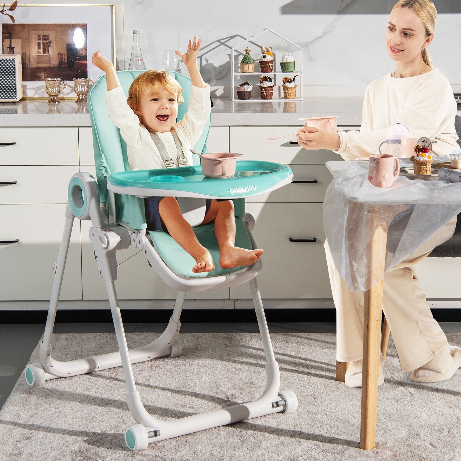 Baby High Chair Foldable Feeding Chair with 4 Lockable Wheels-Black