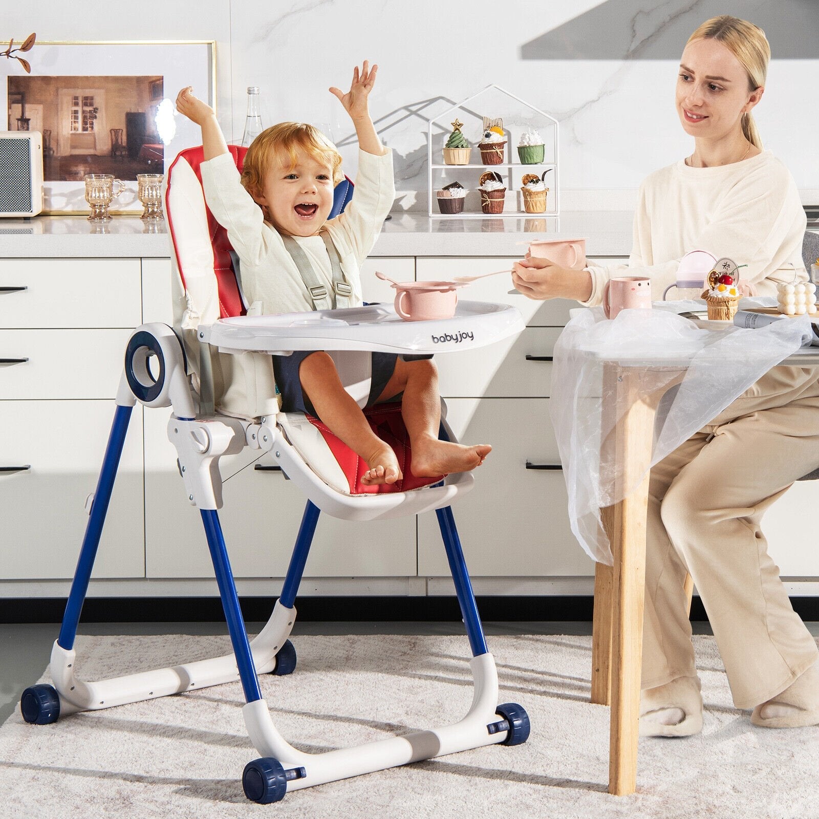 Baby High Chair Foldable Feeding Chair with 4 Lockable Wheels-Black
