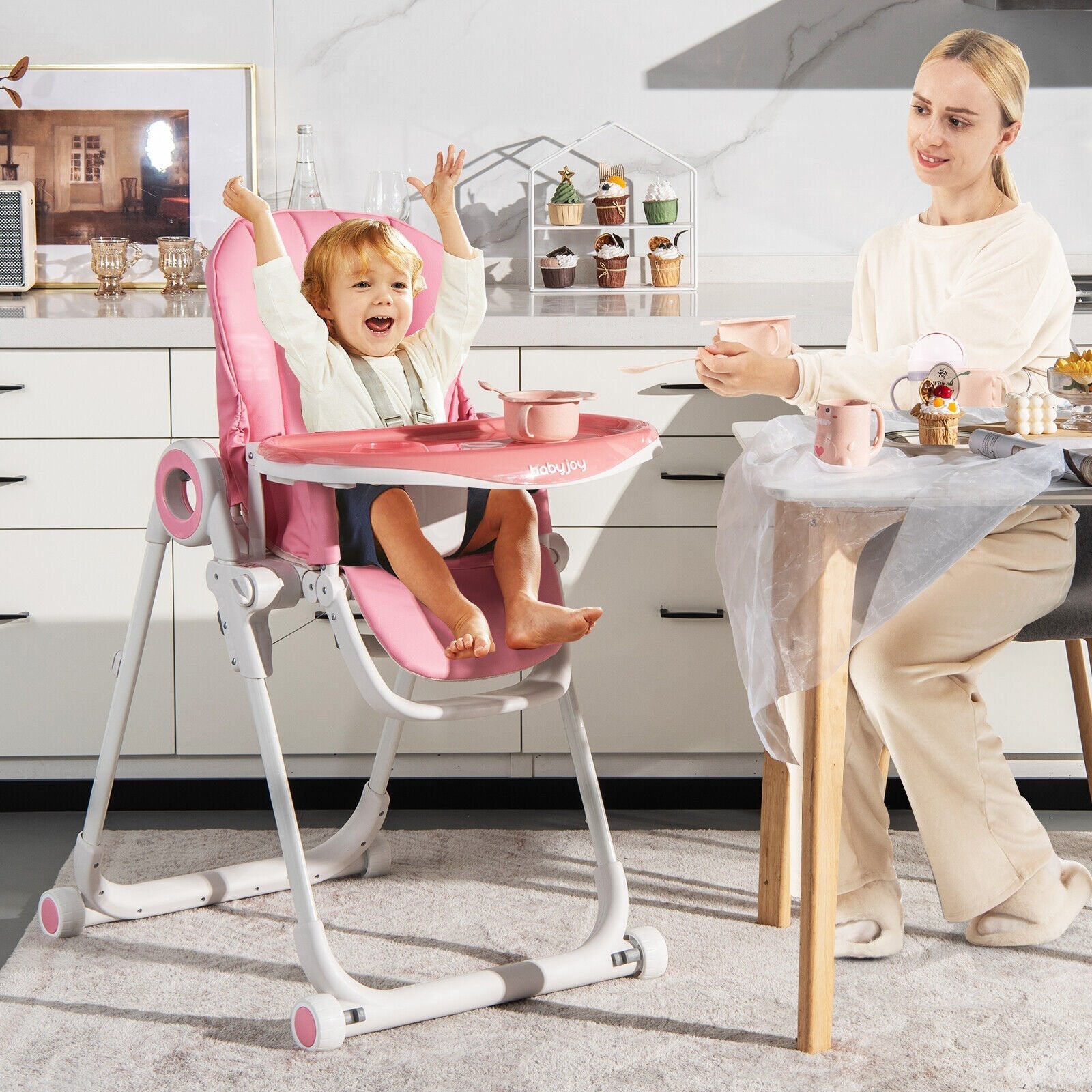 Baby High Chair Foldable Feeding Chair with 4 Lockable Wheels-Black