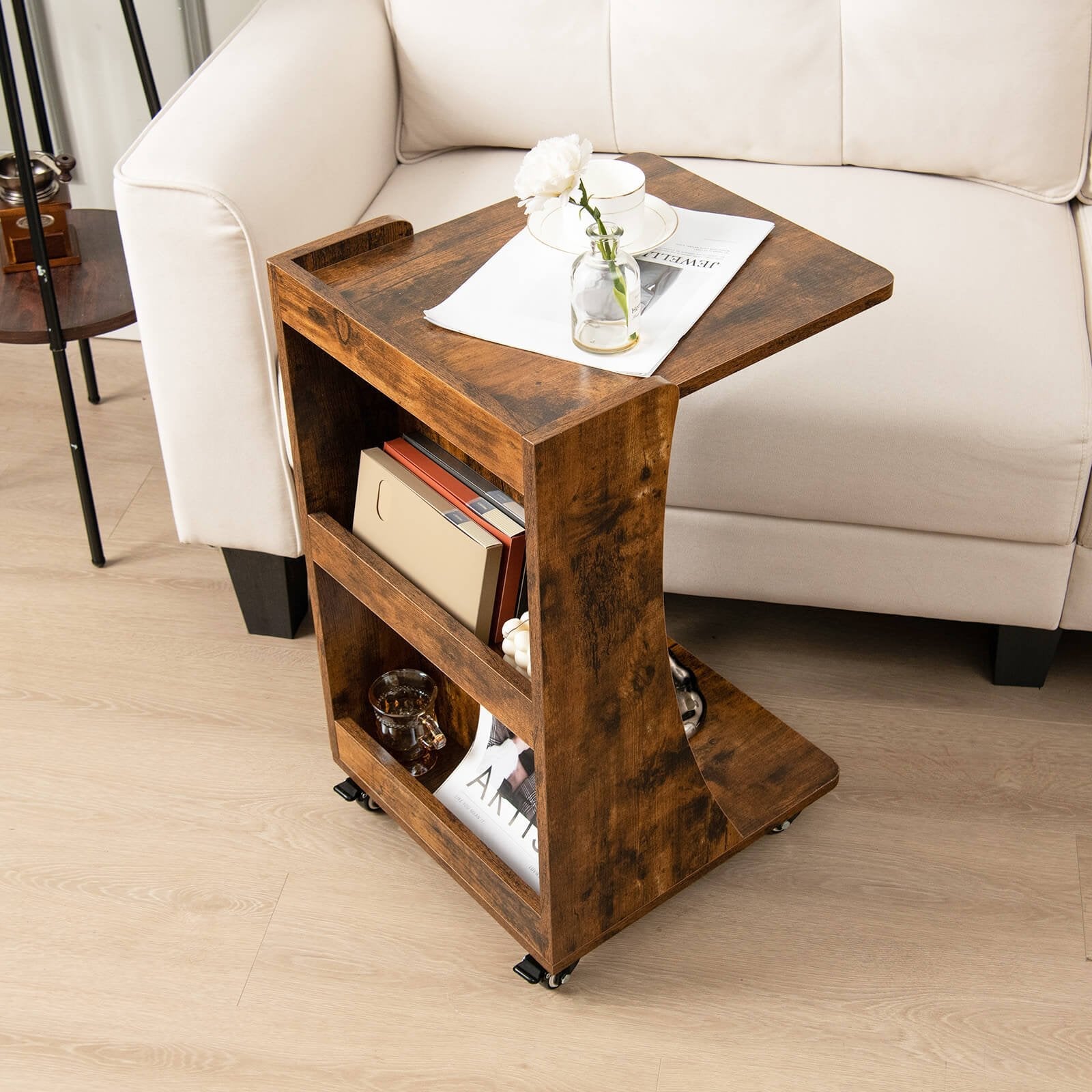 C-shaped Rolling End Side with Back Storage Shelves beside Sofa-Gray