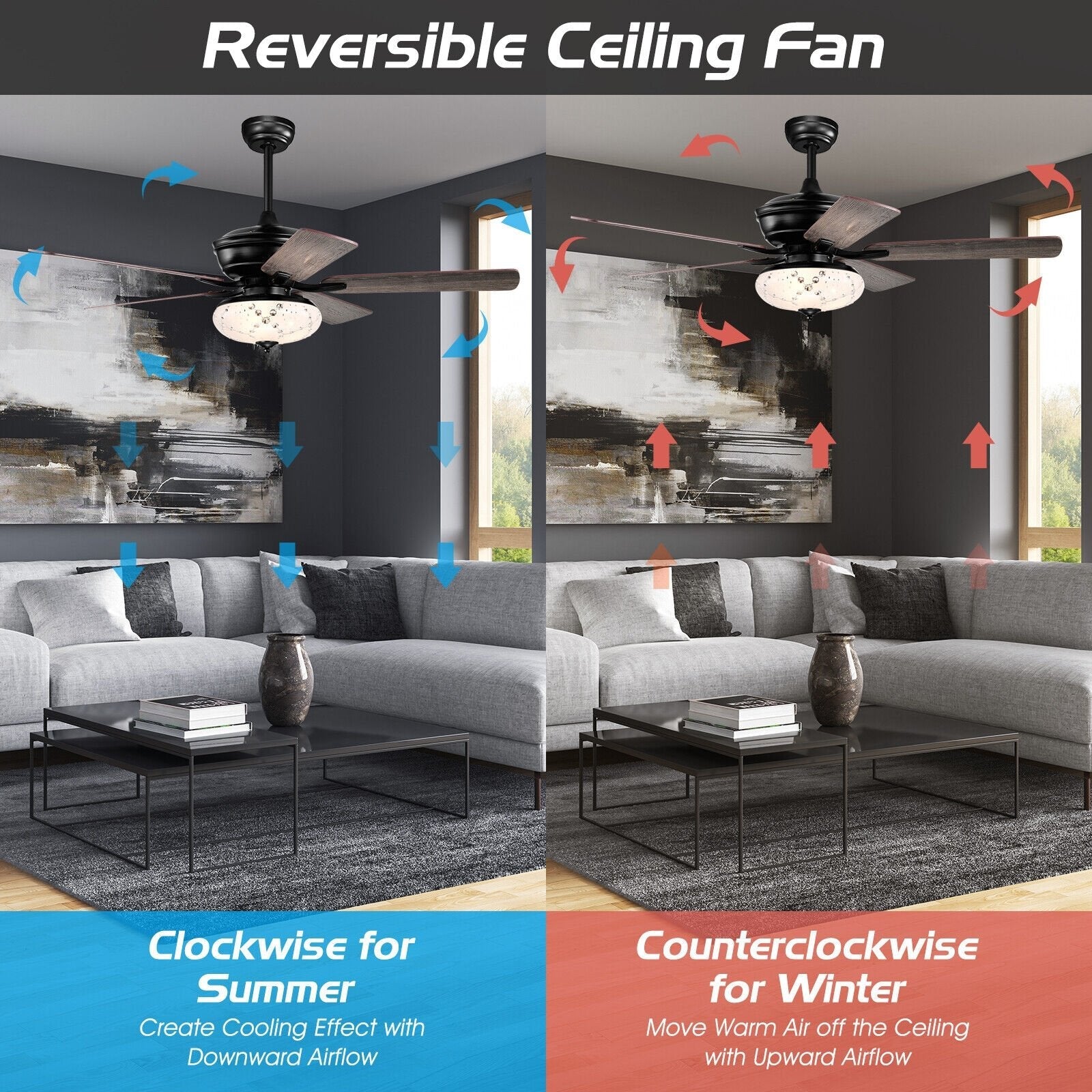 52 Inch Ceiling Fan with 3 Wind Speeds and 5 Reversible Blades-Black