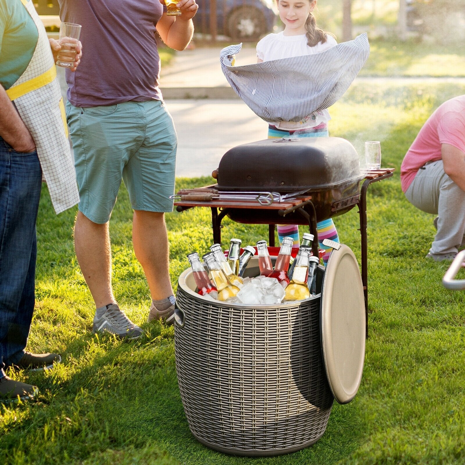 9.5 Gallon 4-in-1 Patio Rattan Cool Bar Cocktail Table Side Table-Black