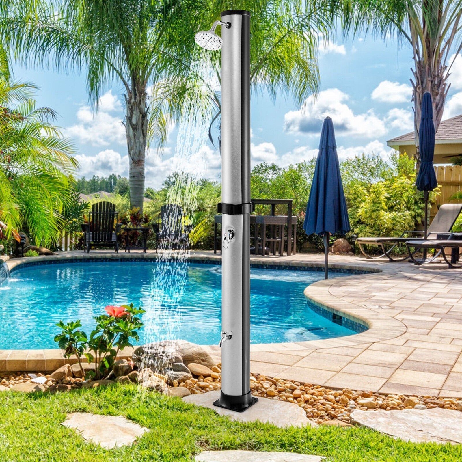 7.2 Feet Solar-Heated Outdoor Shower with Free-Rotating Shower Head-Black