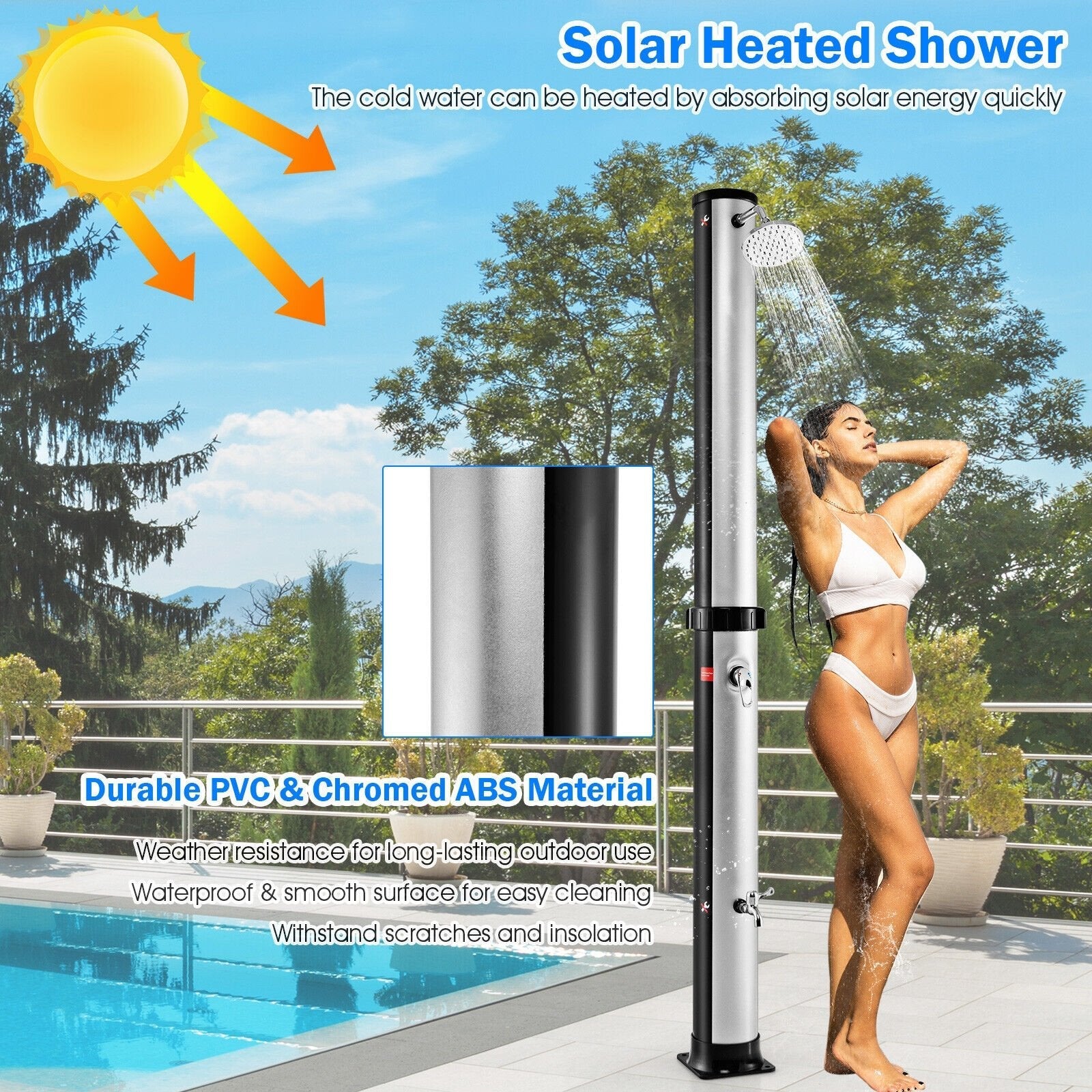 7.2 Feet Solar-Heated Outdoor Shower with Free-Rotating Shower Head-Black