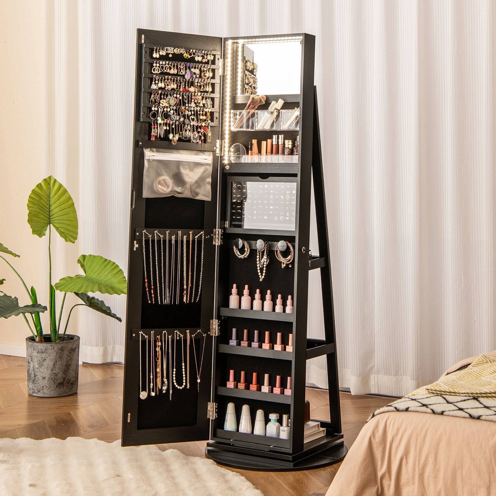 360° Rotating Mirrored Jewelry Cabinet Armoire 3 Color LED Modes Lockable-Black