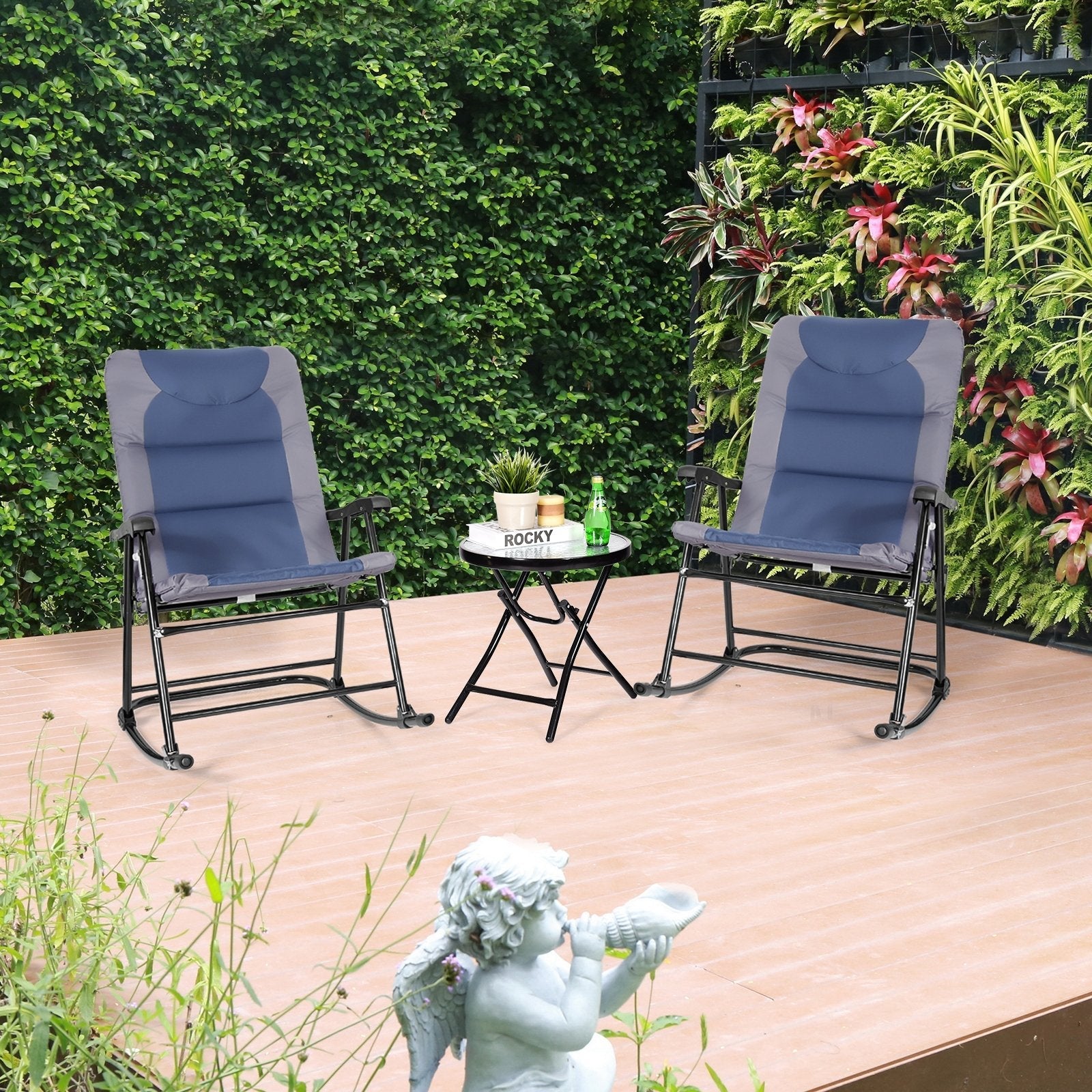 3 Pieces Outdoor Folding Rocking Chair Table Set with Cushion-Blue