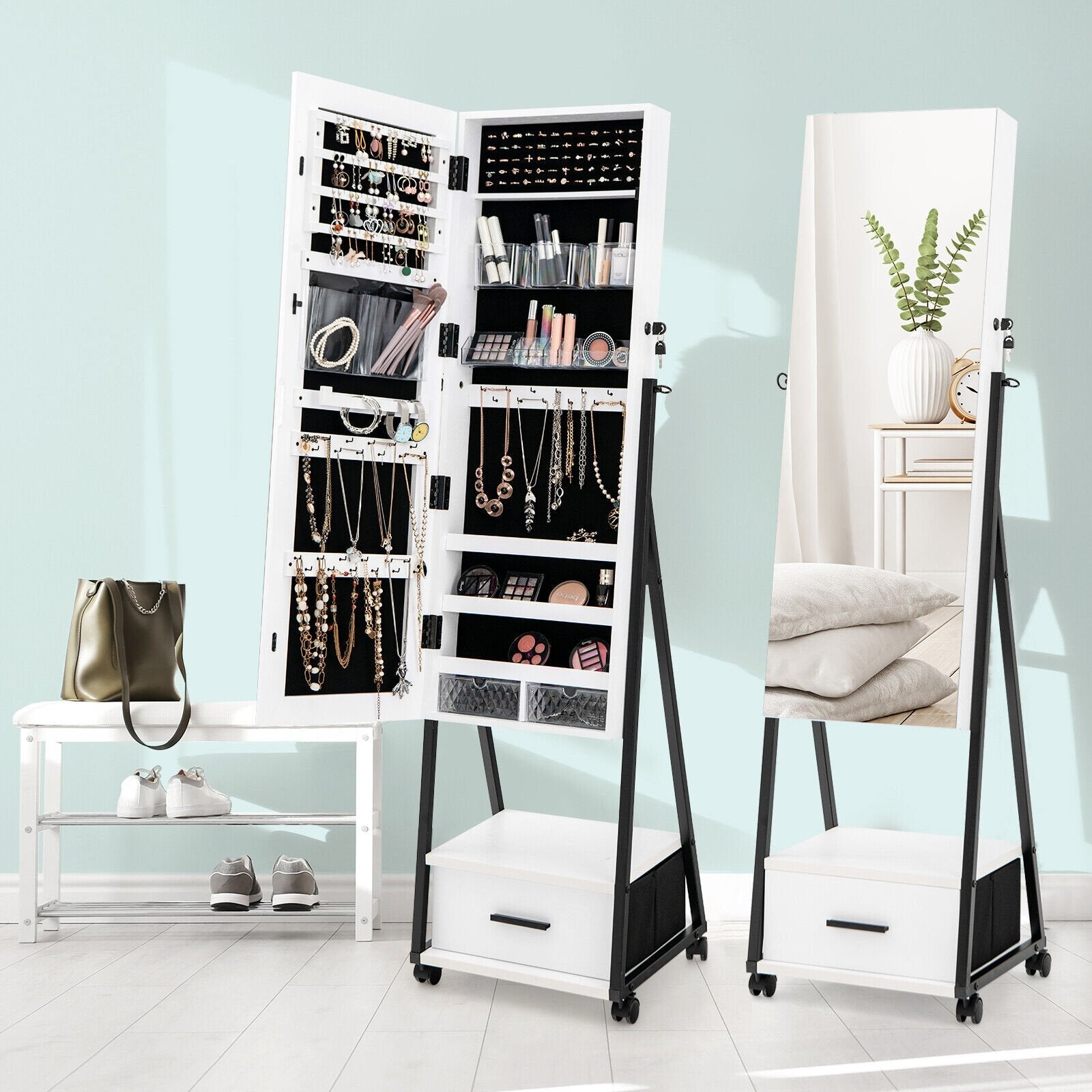 Jewelry Cabinet with Full-Length Mirror-Black