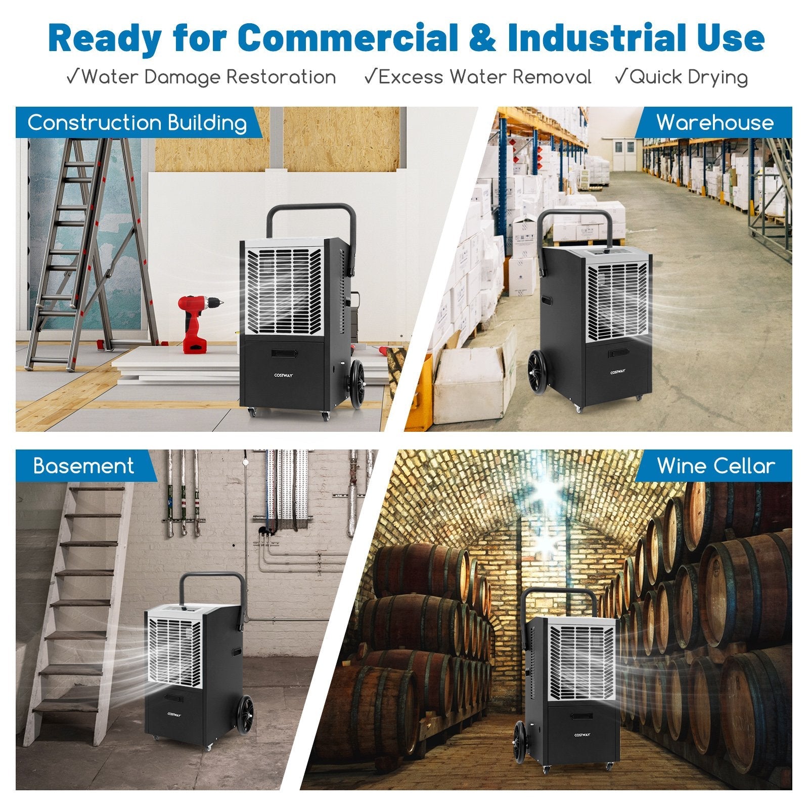 140 Pints Commercial Dehumidifier Crawl Space Dehumidifier with Pump and Drain Hose-Blue