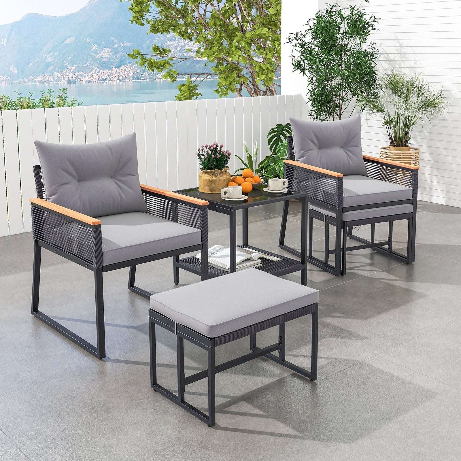 5 Piece Outdoor Rattan Conversation Set with 2-Layer Side Table and 2 Ottomans-Gray